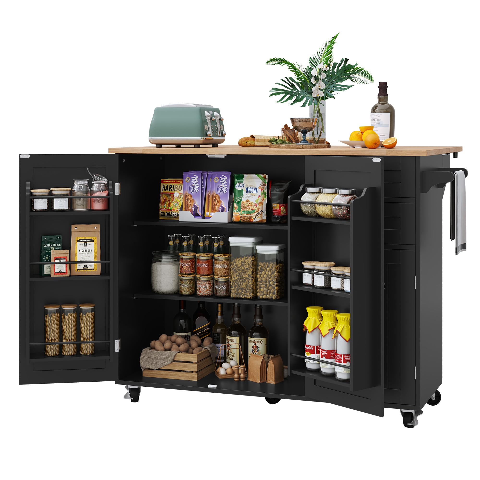 HLR Kitchen Island with Storage, Black Rolling Kitchen Island on Wheels with Drop-Leaf Bar Countertop, Island Table for Kitchen with Side Open Spice Rack and Tower Rack, Extra Storage for Kitchen