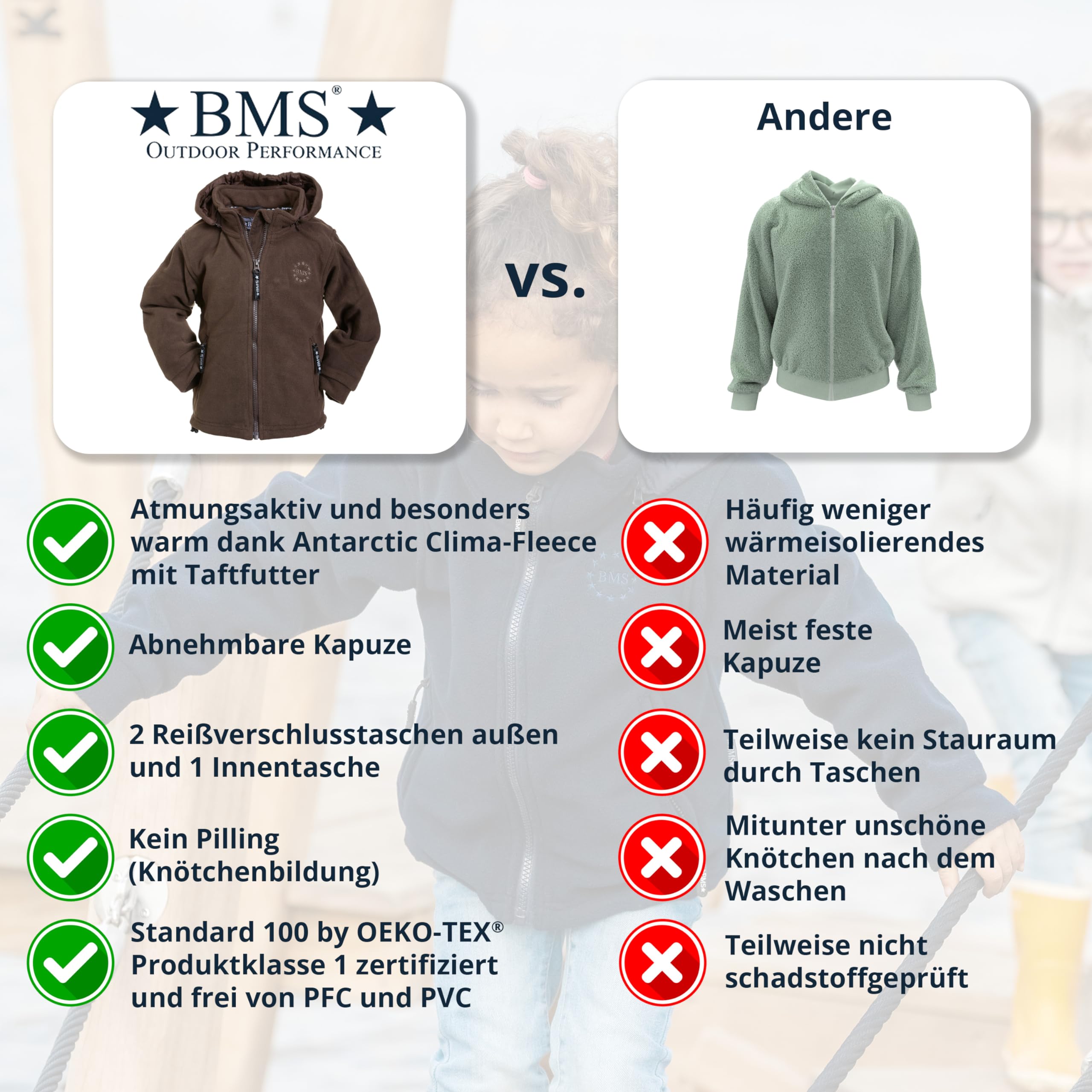 BMS Fleecejacke Kinder mit abnehmbarer Kapuze, Braun, Größe 80
