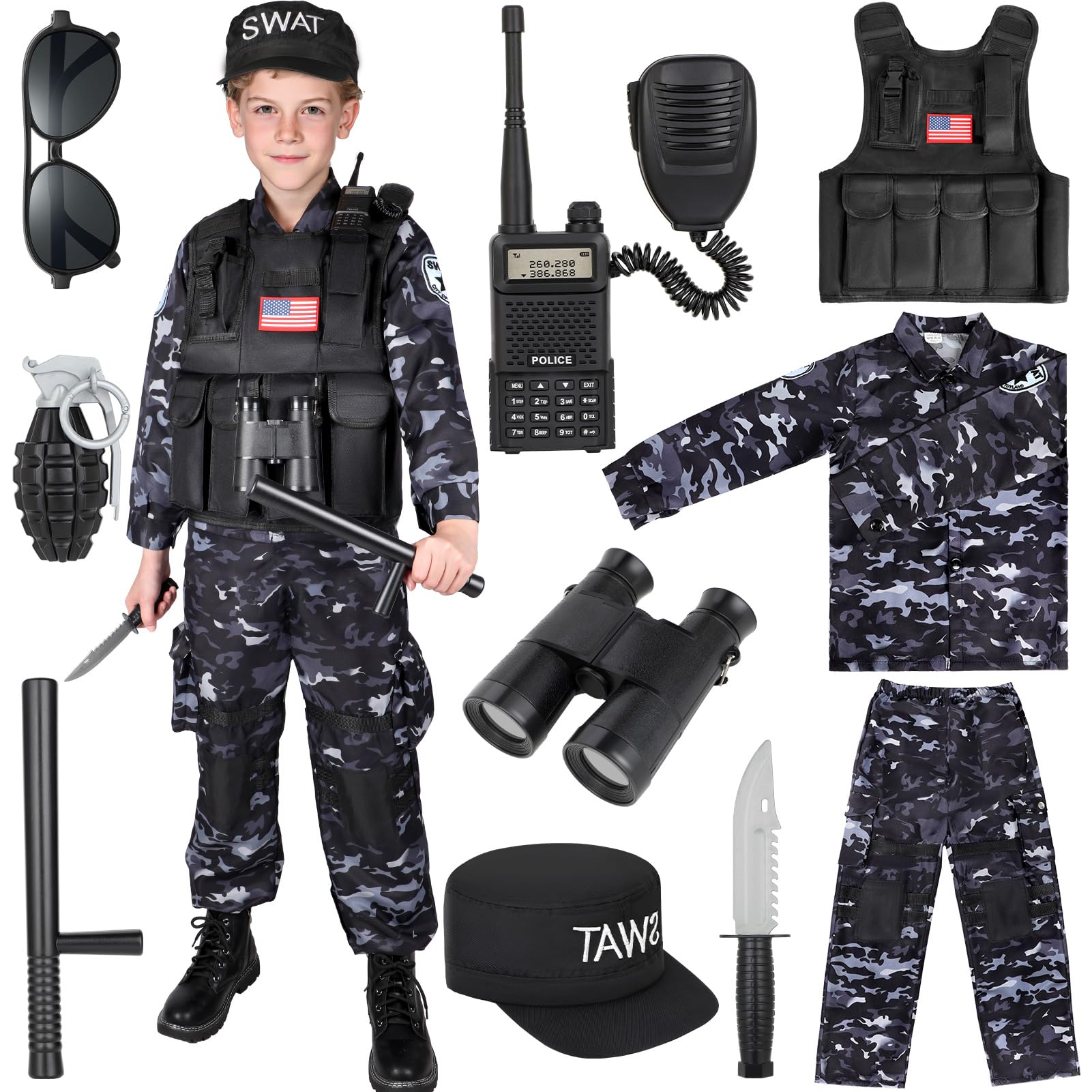 Luucio SWAT Police Costume for Kids, Kids Police Officer Costume for Boys with SWAT Vest, Halloween Costumes for Boys Girls