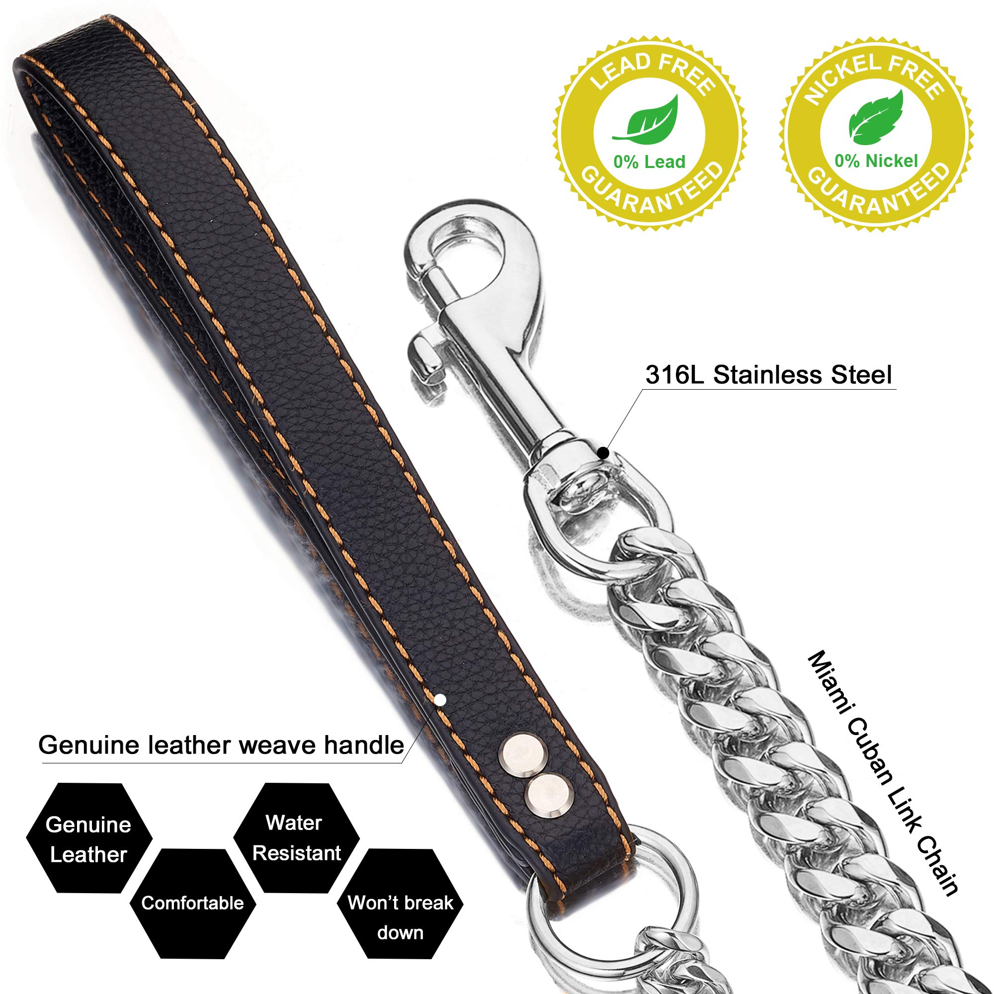 PRADOG Chain Dog Leash Metal Chew Proof 15MM Heavy Duty Pet Leash Chain with Leather Padded Handle for Large Medium Small Dogs(Totally Length of 3ft)