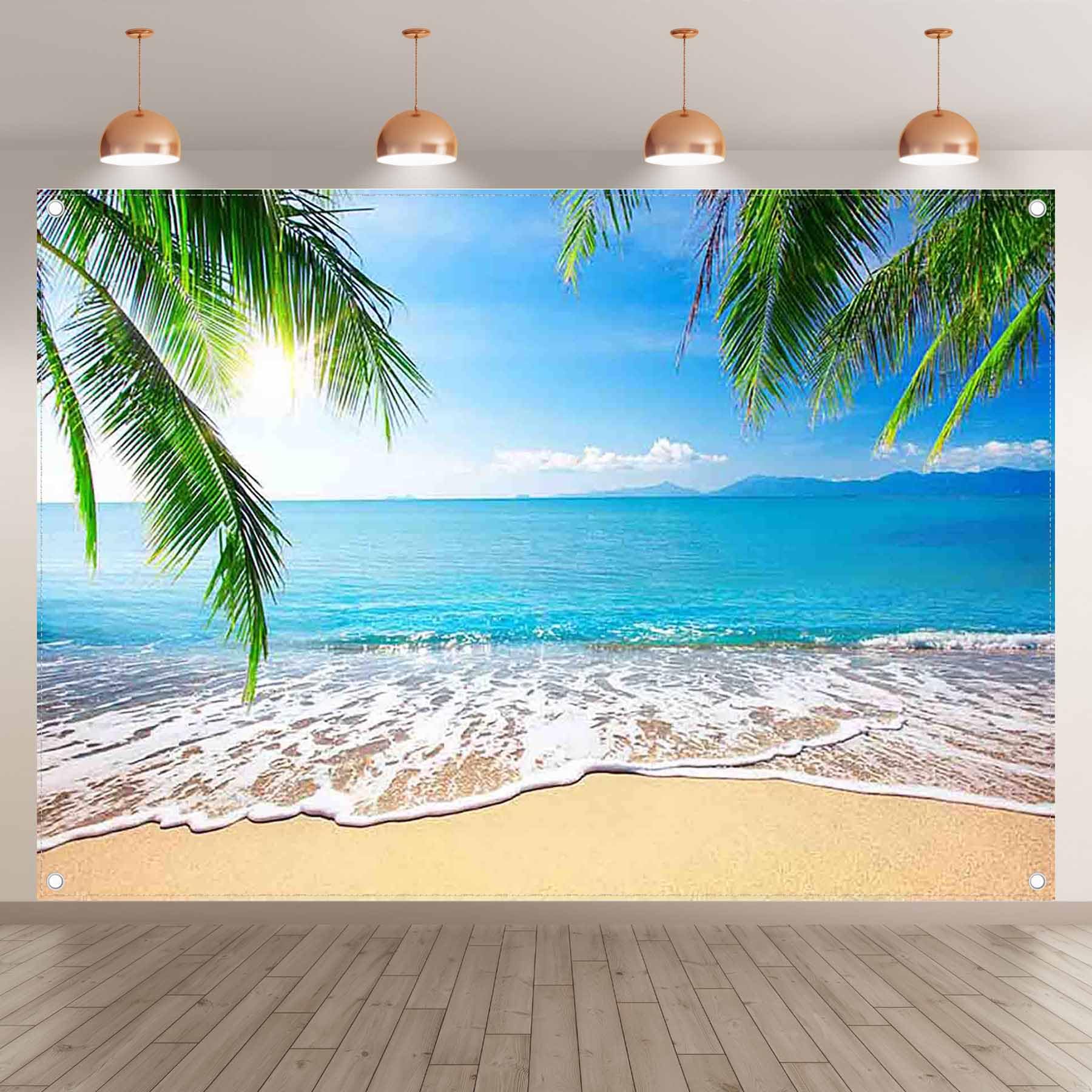 Luminora 2,1x1,5 m Letnia Plaża Tropikalne Morze Błękitne Niebo Tło | Tkanina poliestrowa, Liście palmowe Tło, Urodziny Dzieci Rodzina, Dekoracje Baner, Fotobudka Plenerowa