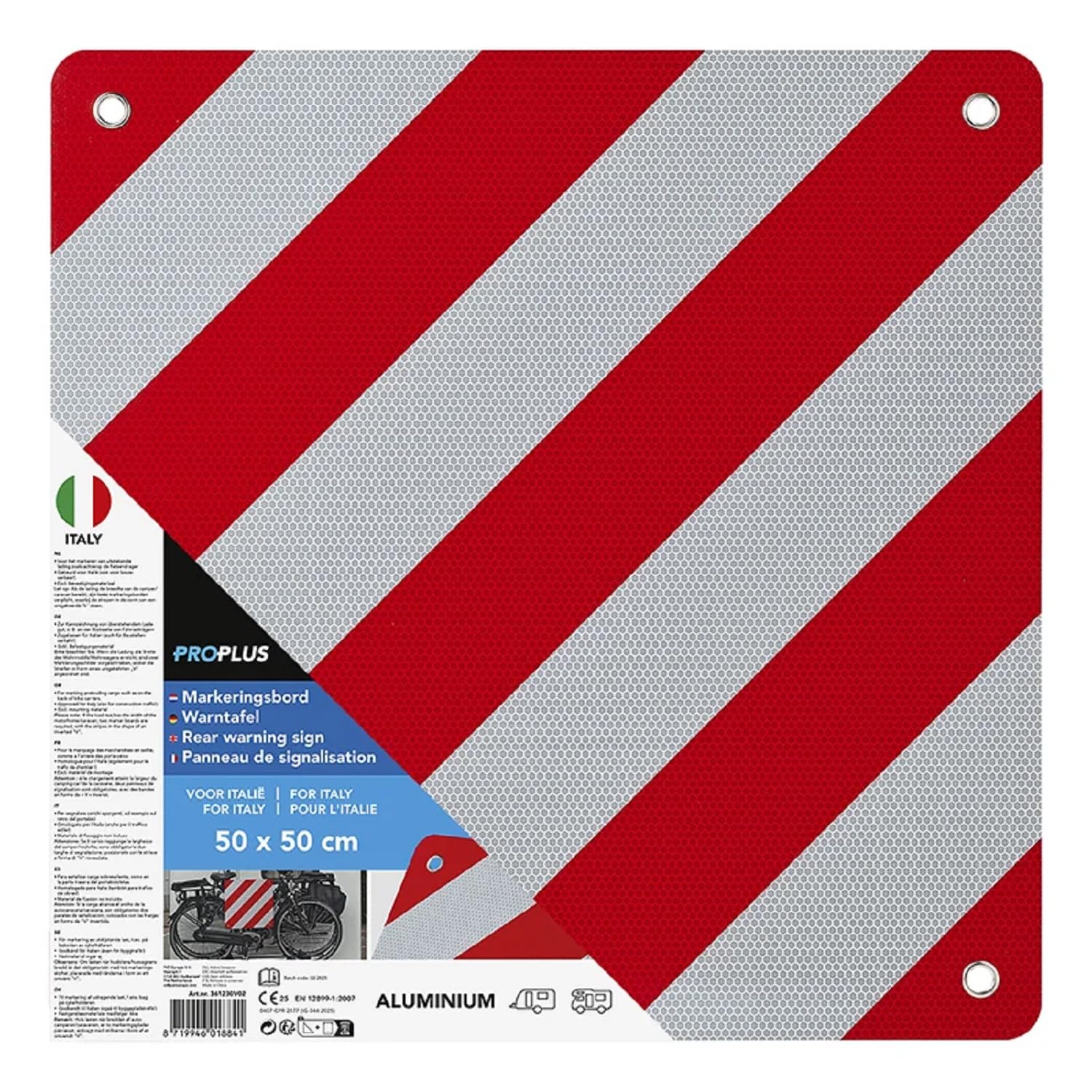 ProPlus Warntafel Italien Fahrradträger 50 x 50 cm Aluminium rot weiß CE25 | Kennzeichnung für Ladegut, Montage zum Einstecken oder Festbinden, auch Wohnmobil und Wohnwagen, EN 12899-1:2007