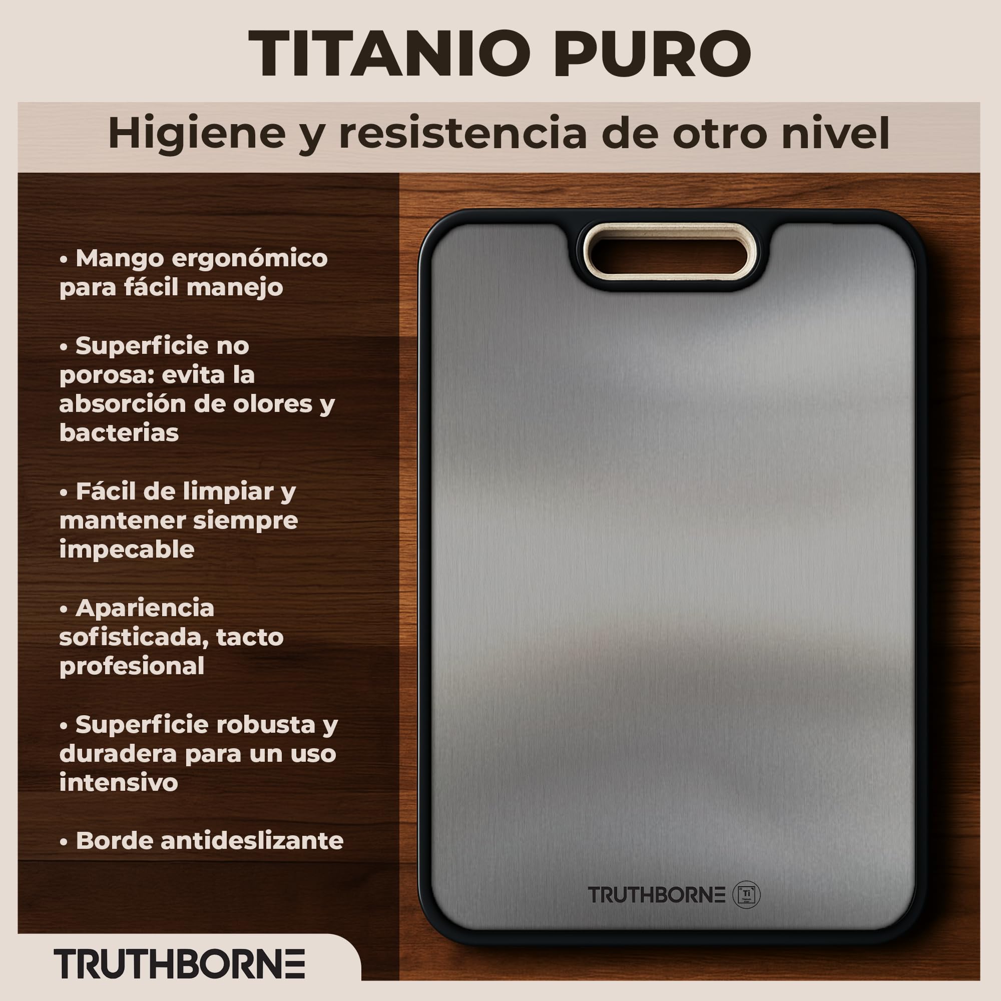 Tabla de Cortar Titanio 100% Puro Grado Alimentario – Doble Cara: Titanio + Fibra Natural 38,5×26,5 cm – Antibacteriana, Antideslizante, Sin Olores ni BPA – Tabla Cortar Cocina Premium