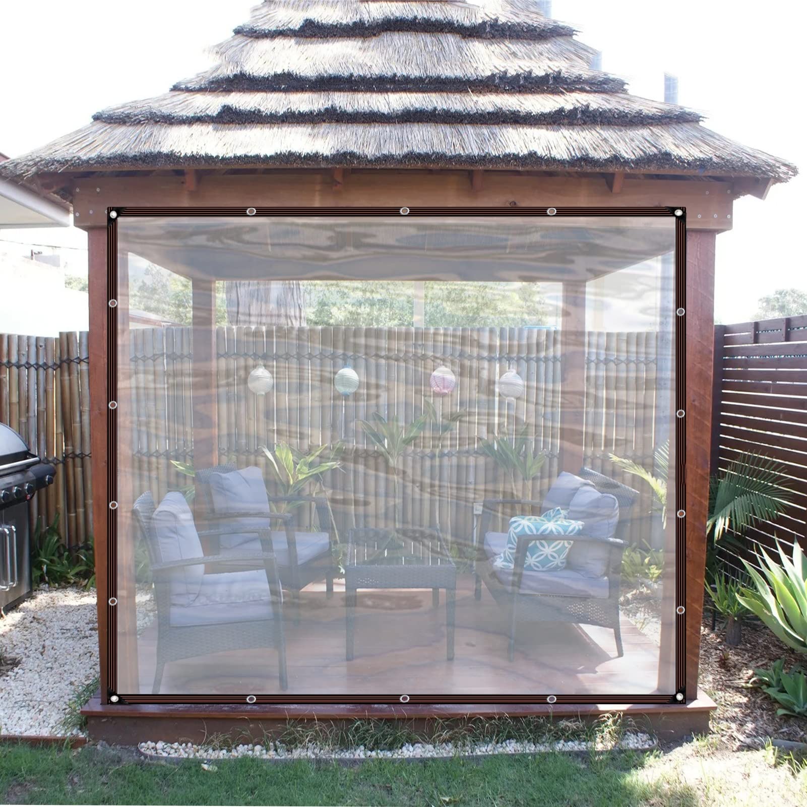 Transparente Planen für den Außenbereich, aus PE-Kunststoff, mit Ösen, winddichte Vorhänge für Pavillon, Terrasse, Veranda, 6 x 8 m, transparente Seitenteile