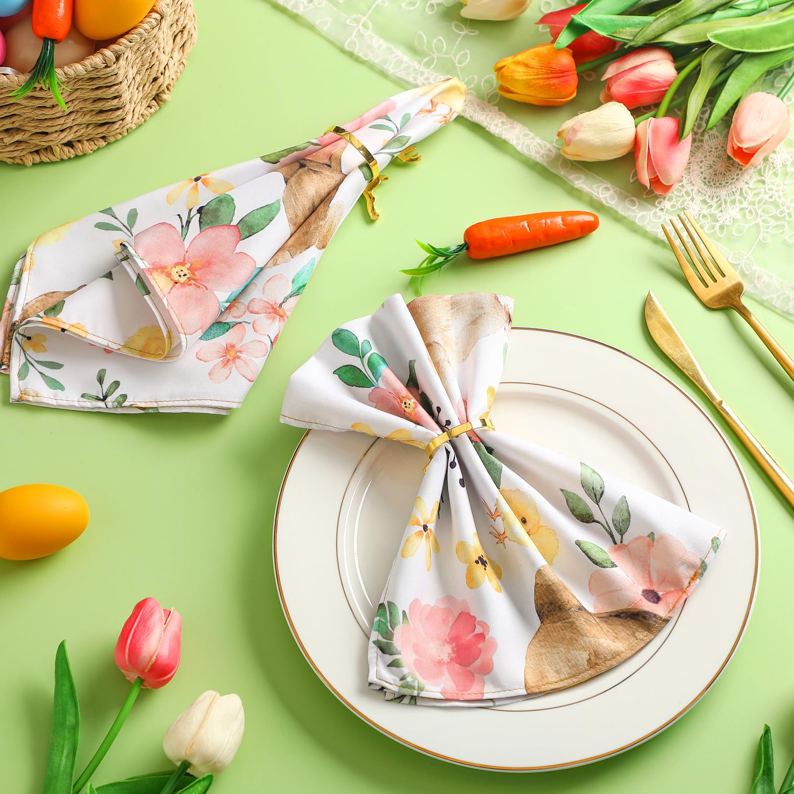 Maxdot 12 servilletas de tela de Pascua de 19 x 19 pulgadas, servilletas de conejo, flores de primavera, decoración de fiesta de Pascua, servilletas de tela lavables, regalos (clásico)