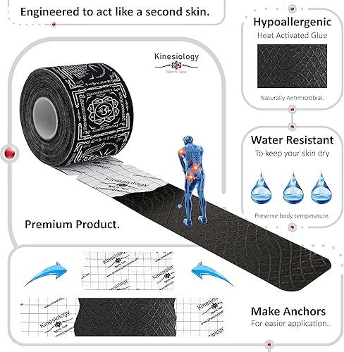 Vista 22 de Cinta de kinesiología precortada con dispensador – Cinta muscular deportiva vertical latina – Sintético Negro 16.4 ft 20 tiras – Cinta de Latina