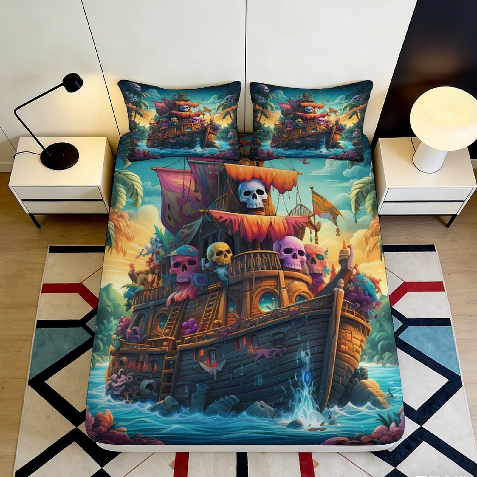3D Printed Pirate Skull Fitted Sheet Microfiber Deep Pocket Non-Slip Pirate Ship Mattress Fitted Cover for Bedroom Bedding 120x200x25cm