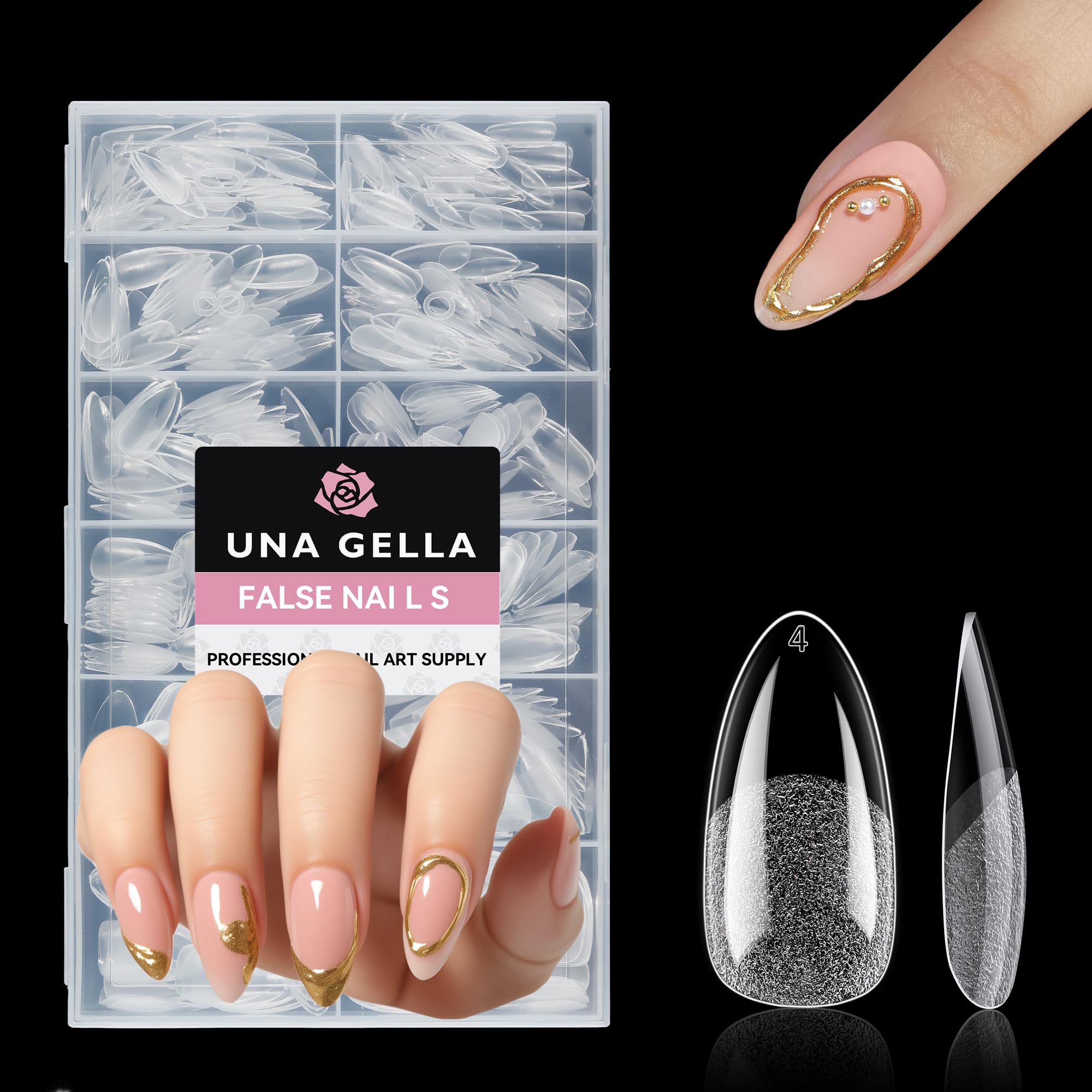 UNA GELLA Medium Almond Nail Tips, 312pcs Almond Gel Nails Tips Shape Pre Etched Full Cover Clear Fake Acrylic Pointed Press On Nails No C Curve for Nail Extension Christmas Art DIY Salon 12 Sizes
