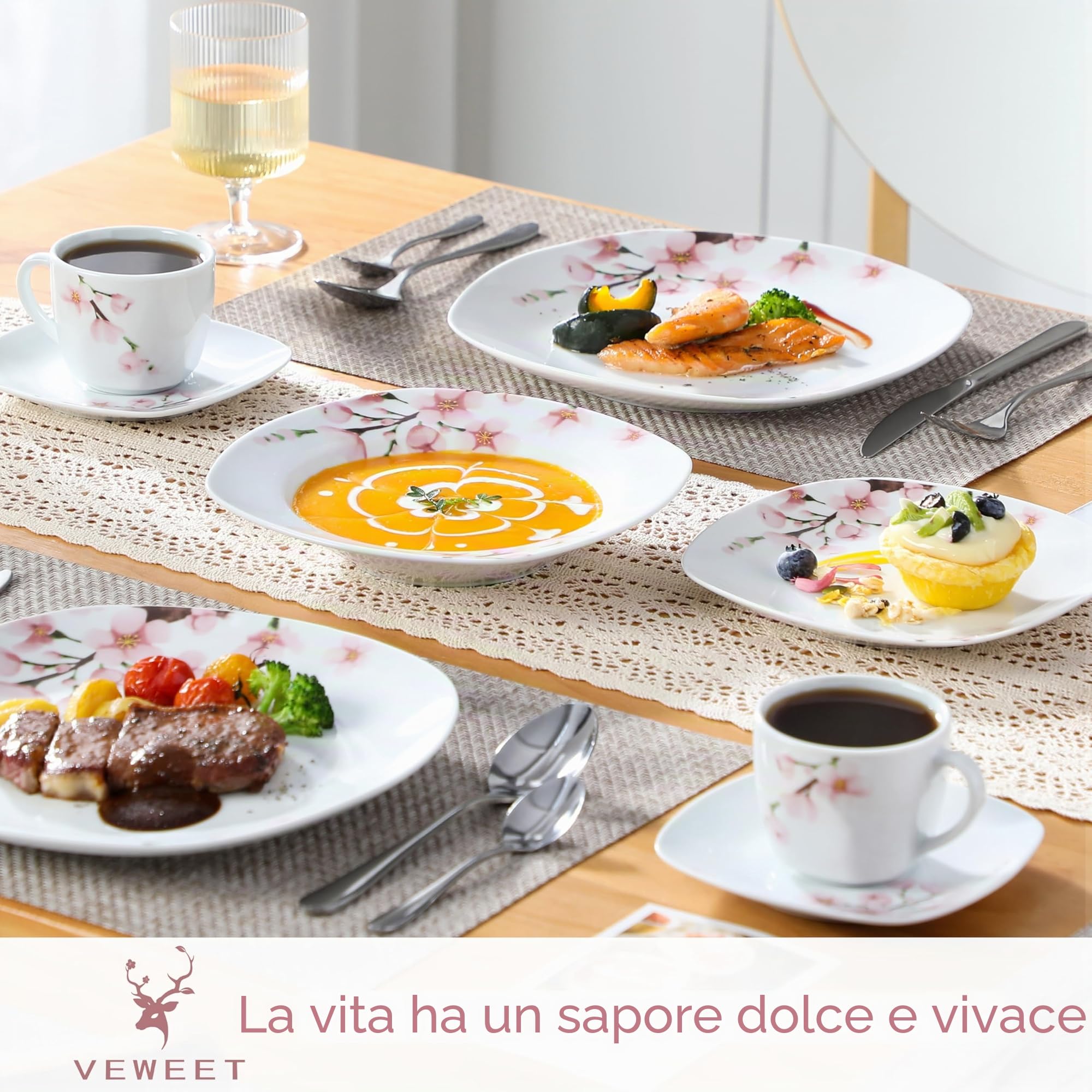 VEWEET Servizio da 30 pezzi in porcellana con tazzine da caffè 175 ml, piattino, piatto da dessert, piatto piano e piatto fondo, servizio completo per 6 persone