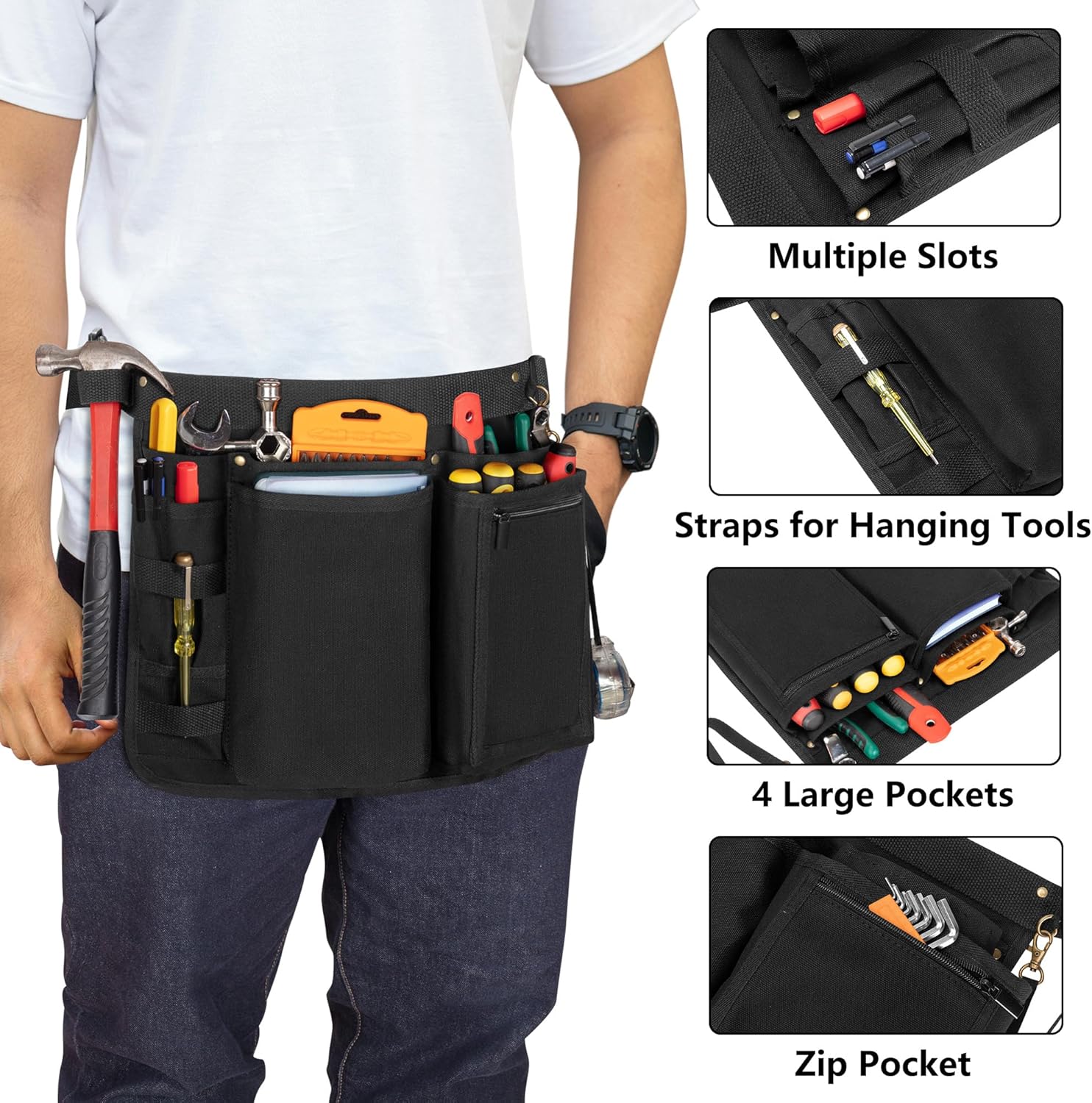 Rexmica Waist Tool Apron with Multiple Pockets, Canvas Half Apron with Adjustable Waist Straps for Men and Women, Work Apron for Woodworkers, Electrician, Mechanics, Gardener, Black