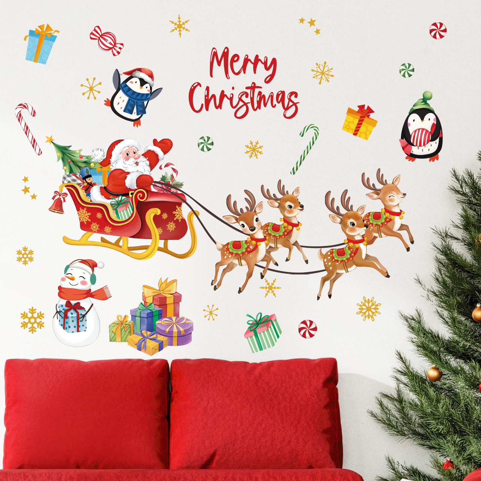 FUFUQUARE Merry Chritsmas Santa Claus Reindeer Wall Stickers Watercolor Xmas Penguins Snowman Wall Art Decals Peel and Stick Removable PVC Winter Party Supplies - Image 2