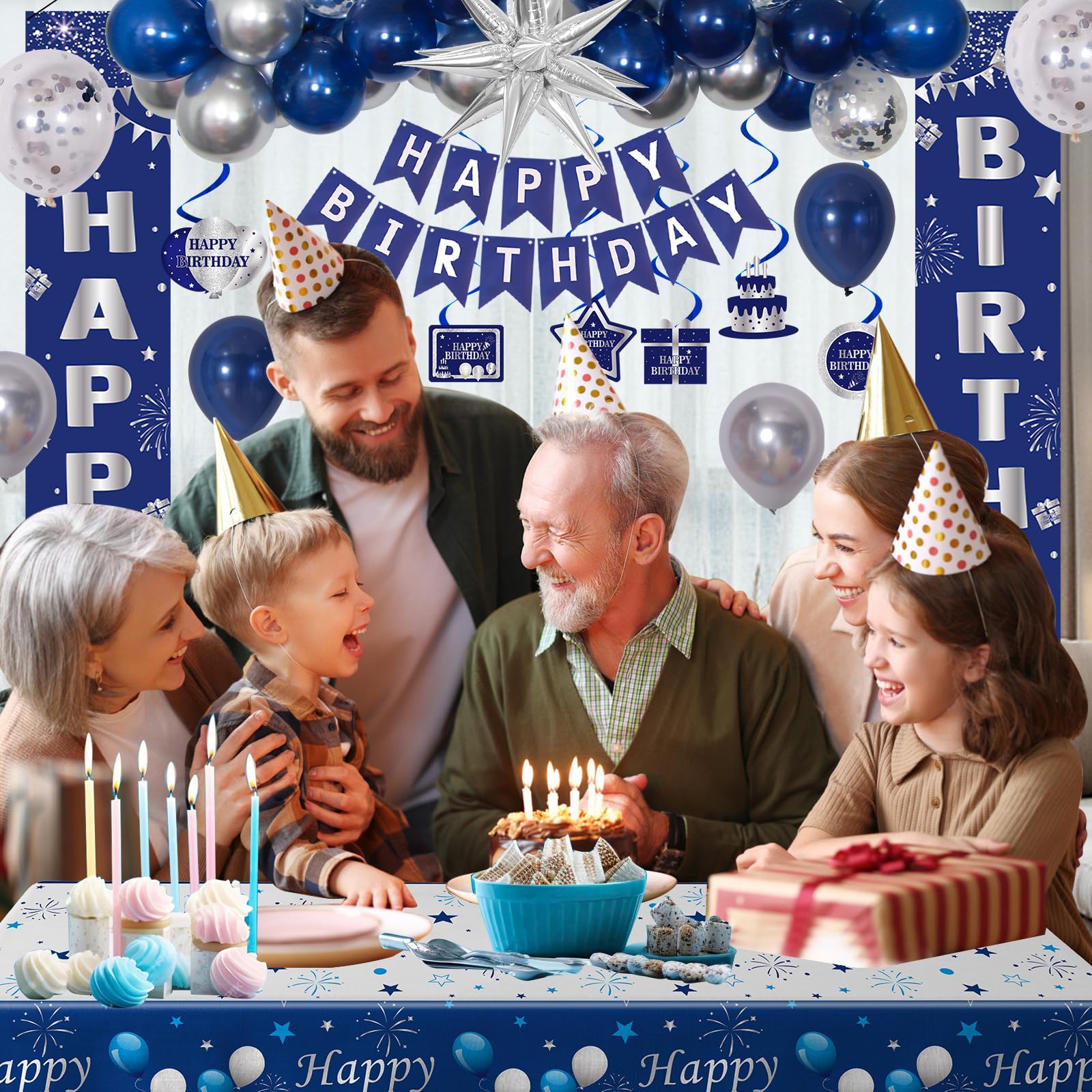 Decoraciones de cumpleaños azules para niños, hombres y mujeres, decoraciones de feliz cumpleaños, azul marino y plateado, globos de feliz cumpleaños, cubierta de mesa, cortina de flecos, pancarta de