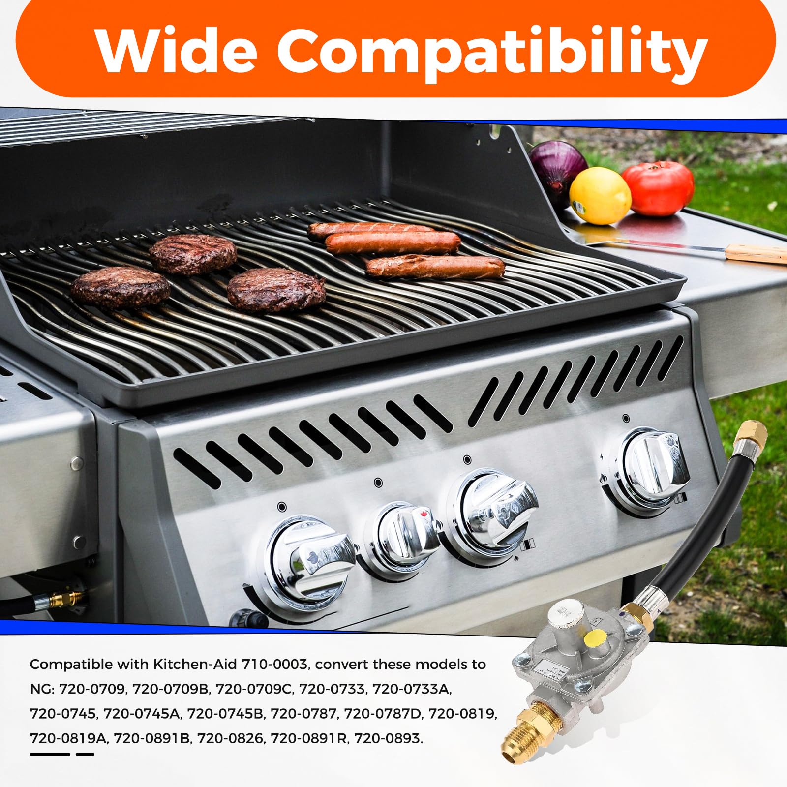 Kit de conversión de gas natural regulador compatible con parrilla de gas Kitchen Aid 710-0003 con manguera macho de 1/2 pulgada, repuesto 3030 CNG de 4 pulgadas y LP de 10 pulgadas
