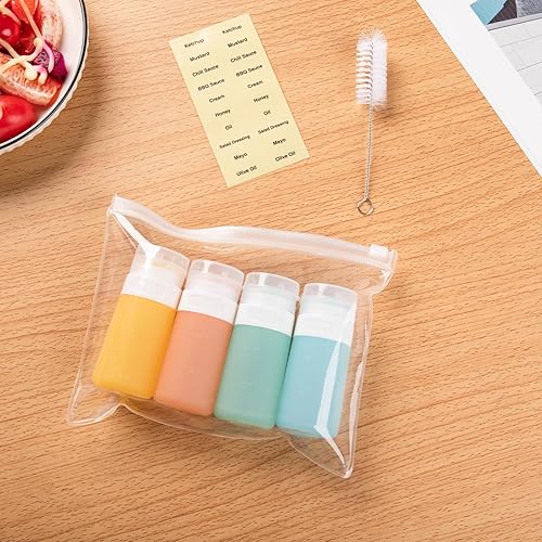 Miniatura 9 de Botellas exprimibles de condimentos para salsas, mini recipiente de silicona para aderezo de ensalada de 2 onzas para llevar con bolsa de sándwich