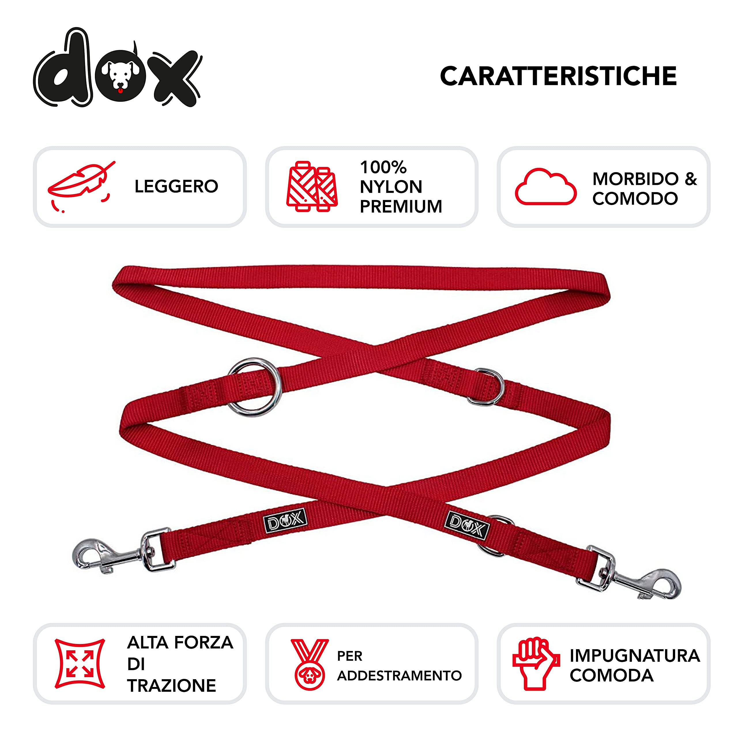 DDOXX Guinzaglio Addestramento per Cani in Nylon, Regolabile in 3 Modi, 2m | Cani Piccoli e Grandi | Doppio Guinzaglio Gatti Cani Cuccioli | Accessori Cani | Rosso, M
