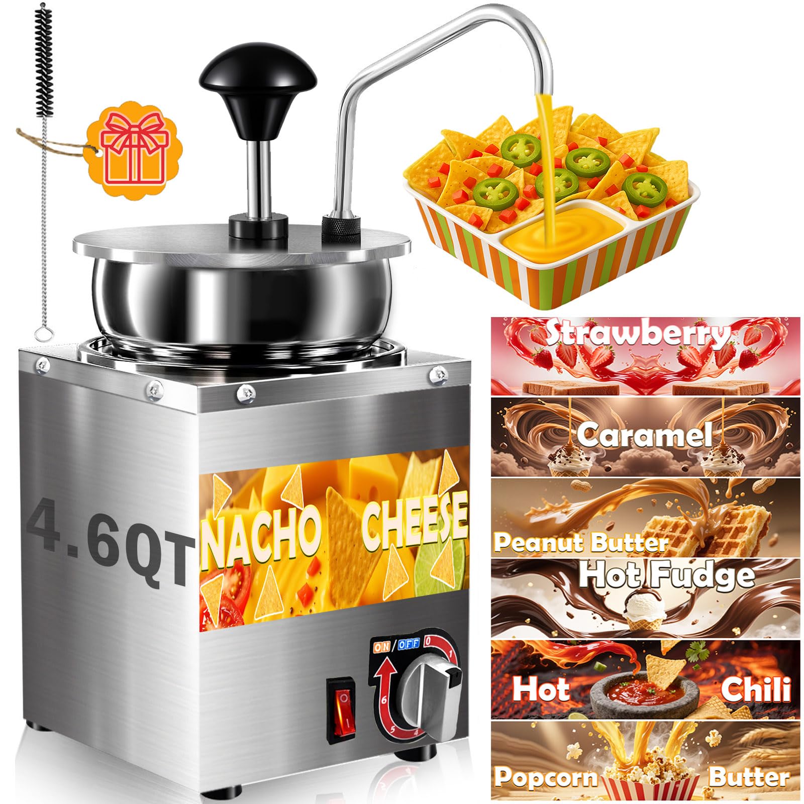 Dispensador de queso Nacho, calentador de queso nacho de 4.6 cuartos de galón con bomba de acero inoxidable, calentador de dulce caliente con ajuste de temperatura de 6 niveles, máquina dispensadora