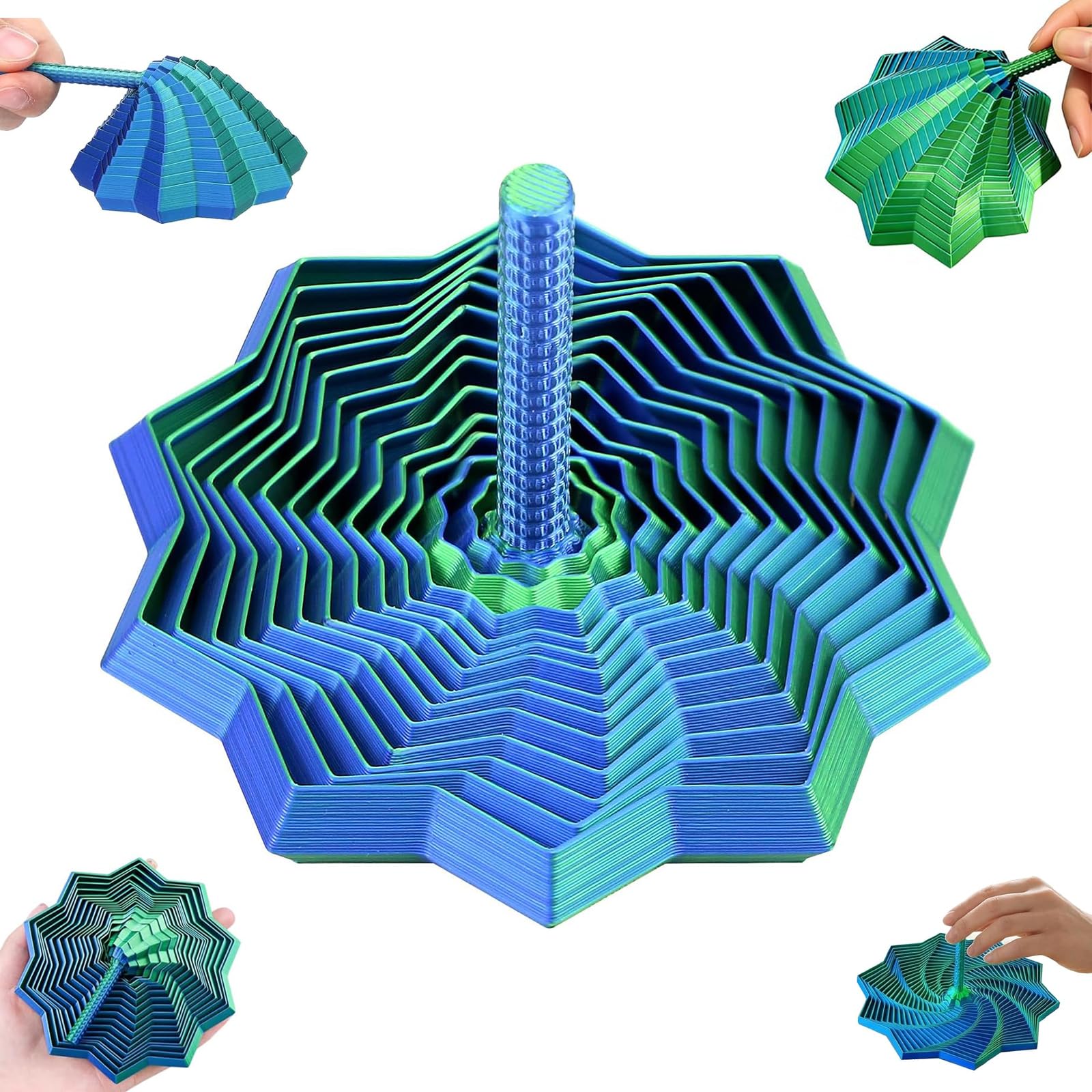 3D Printed Expanded Sensory Fidget Star with Handle – Spiral Honeycomb Hexagon Toy – Vertical Silky Spinner for Anxiety Management – Colorful 11 cm Foldable Fidget for Adults (Blue-Green)