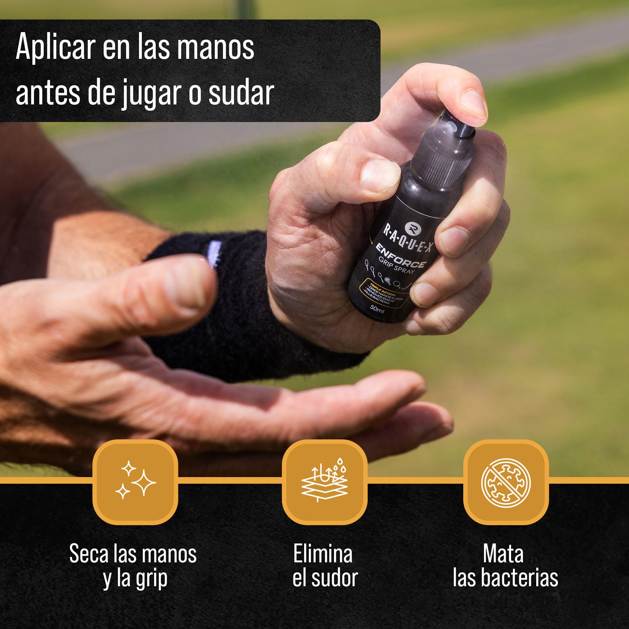Raquex Spray Enforce Grip, 50 ml, Spray de Agarre para Unas Manos secas y sin Sudor para Deportes de Raqueta y Hockey. Spray de tracción de Secado rápido Que Elimina el Sudor para un Agarre excelente