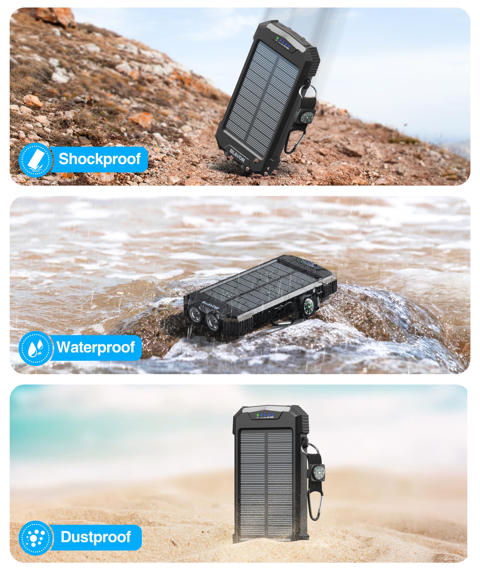 BLAVOR Powerbank solare caricatore solare 10000 mAh, PD 20 W, ricarica rapida USB C power bank con pannello solare, ricarica rapida wireless, batteria da campeggio, caricabatterie solare per
