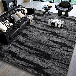 HOMORE 4x6 Area Rug for Bedroom, Black and Grey Fluffy Shaggy Rugs for Living Room, Gradient Abstract Rugs for Kids Boys Girls Room, Plush Rug for Dorm Home Floor Decor