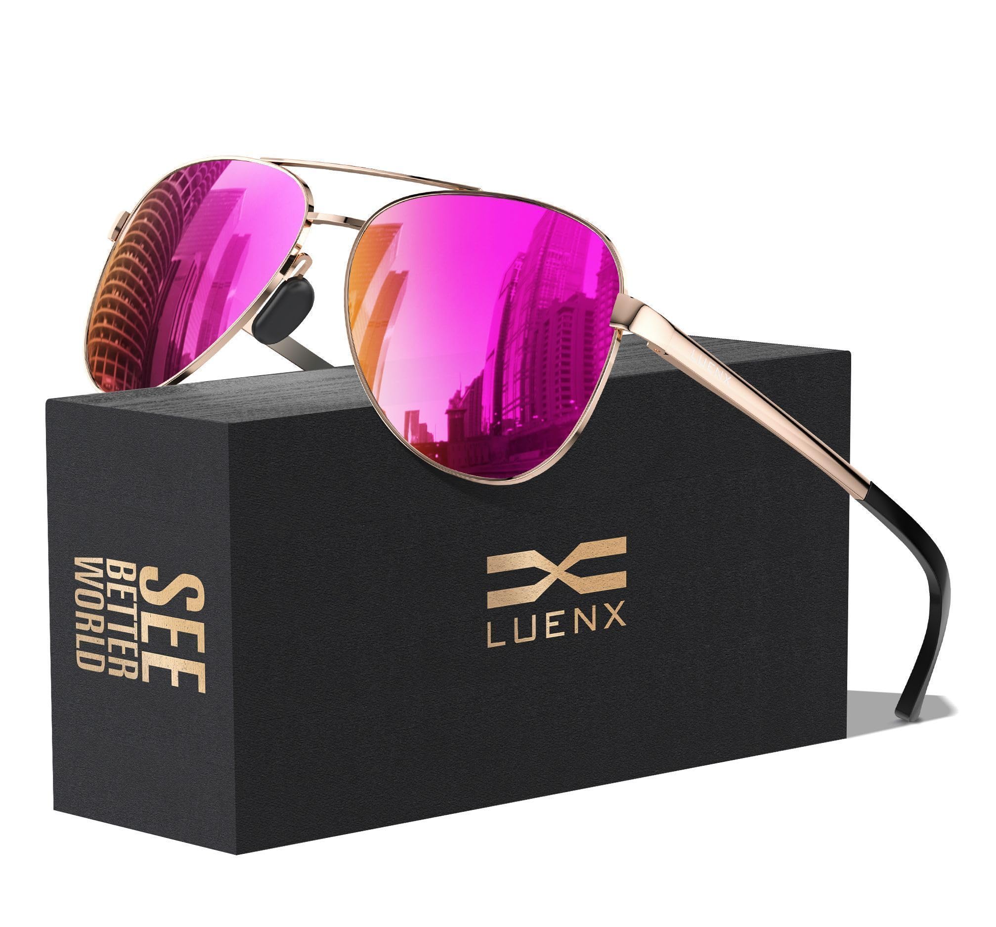 LUENX Aviator Sunglasses for Women Polarized Mirror with Case UV400 Protection 60mm