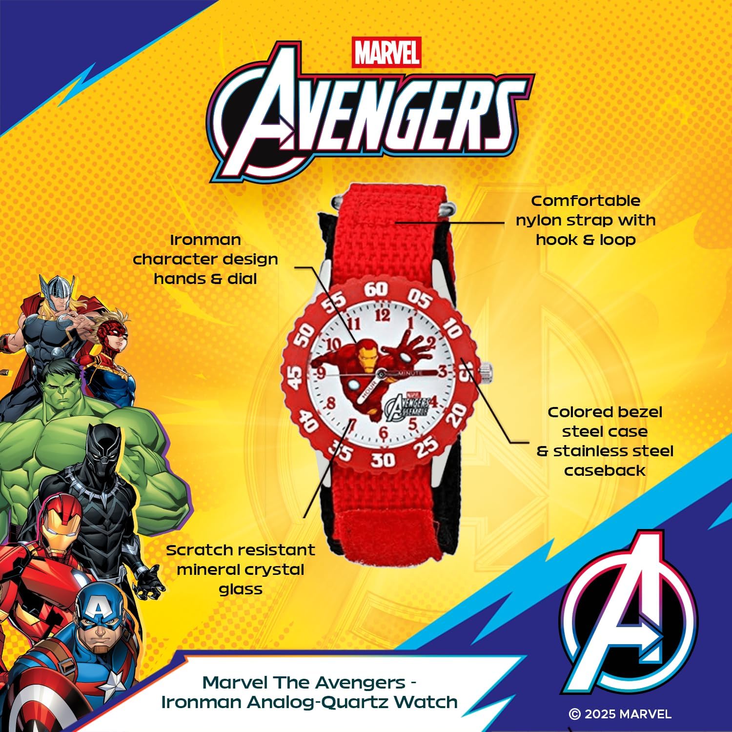 Marvel Kids' Bezel Stainless Steel Time Teacher Analog Nylon Strap Watch - Image 2