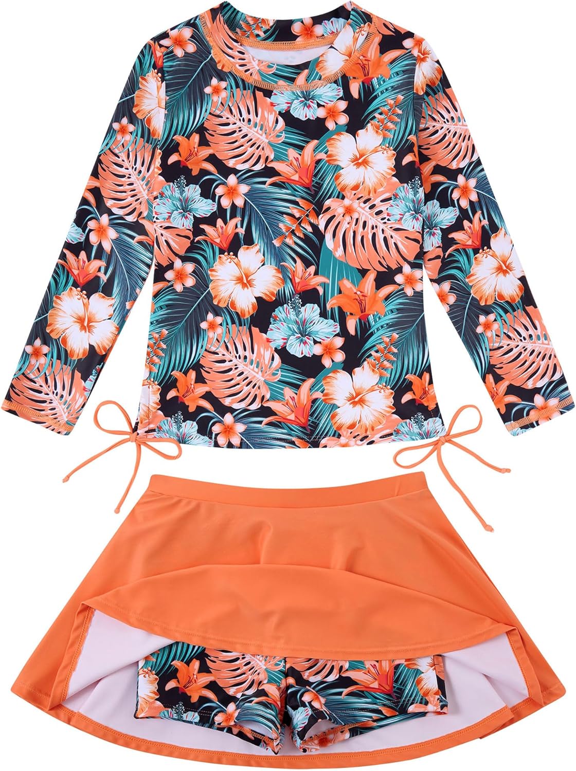 swimsobo Girls Swimsuit Rash Guard Long Sleeve Bathing Suit Two Piece Swimwear Swimming Skirt with Shorts 3-12T