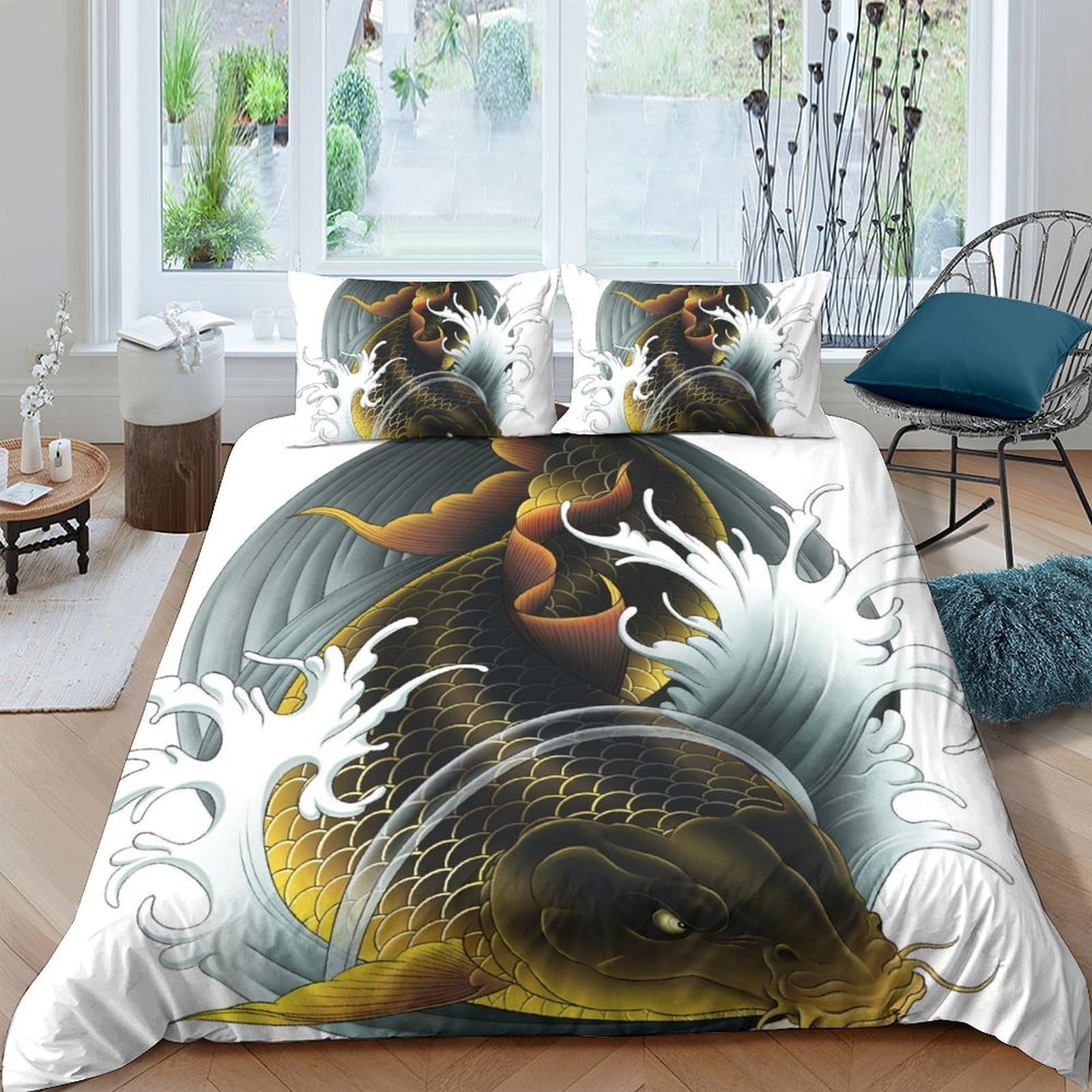Ctjqhvkz Style-7 3D Printed Koi Fish Fitted Sheet Microfiber Soft Black Gold Wave Mattress Cover Bedroom Decor Protection Single（135X200cm）