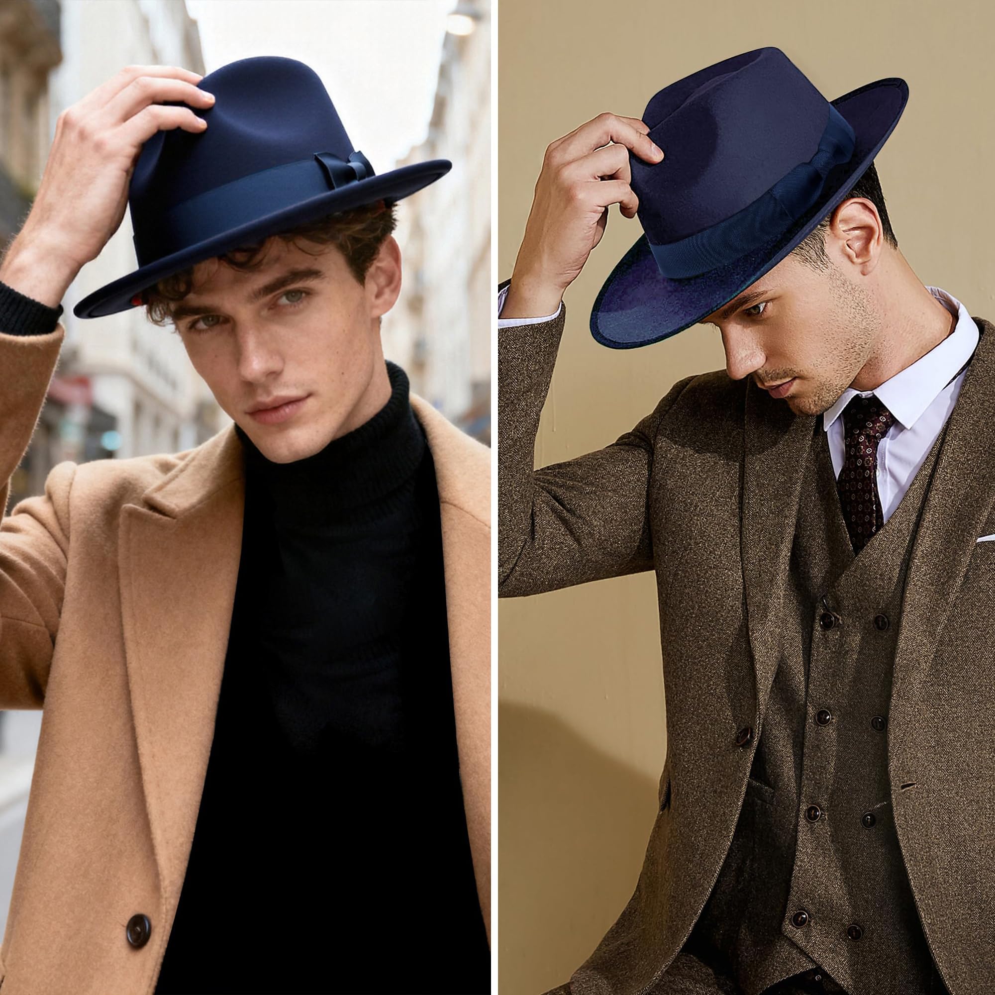 BABEYOND - Cappello Fedora anni '20 per uomo Gatsby a tesa larga, in feltro, stile Panama con fascia per donne e uomini