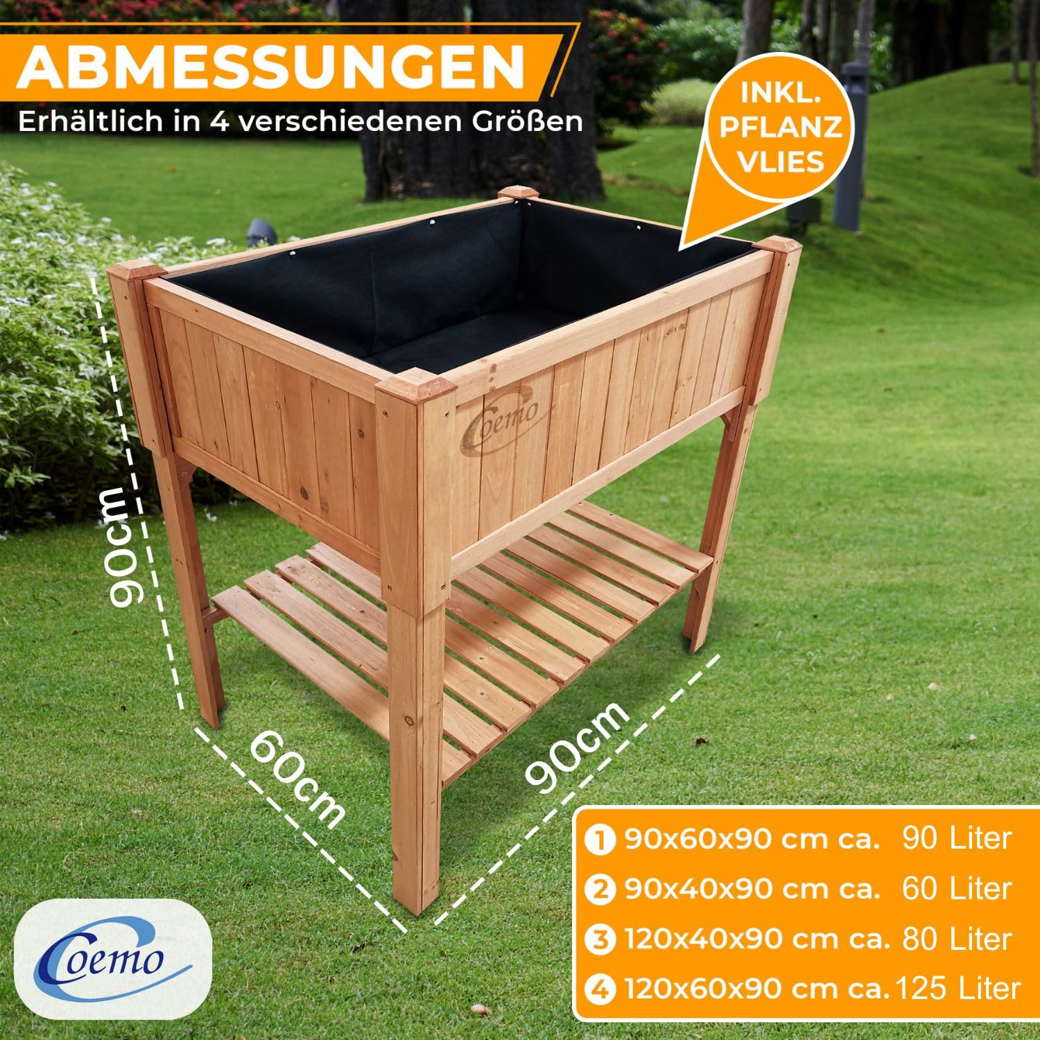Coemo Hochbeet Holz 90 × 60 × 90 cm mit Ablageboden – Pflanztrog & Frühbeet für Balkon, Terrasse & Garten – Kräuterhochbeet mit Pflanzvlies – auch als Sichtschutz nutzbar
