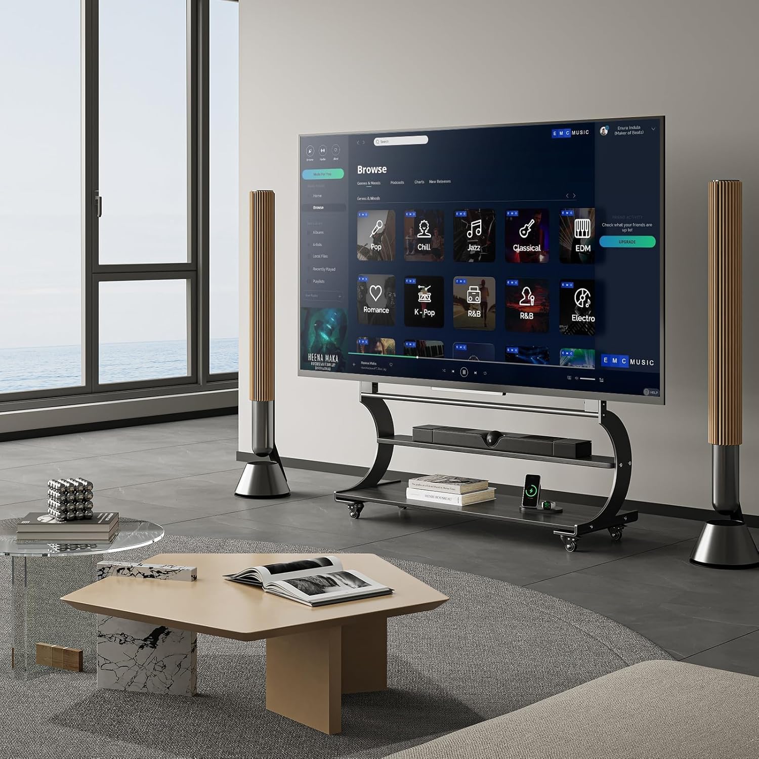 Rolling Easel TV Stand for 50-100 Inch TVs, Mobile TV Cart with Wooden Shelf and Wheels, Modern Floor Mobile TV Stand for Living Room, Office, Height Adjustable Holds up to 220lbs (Matte Black)