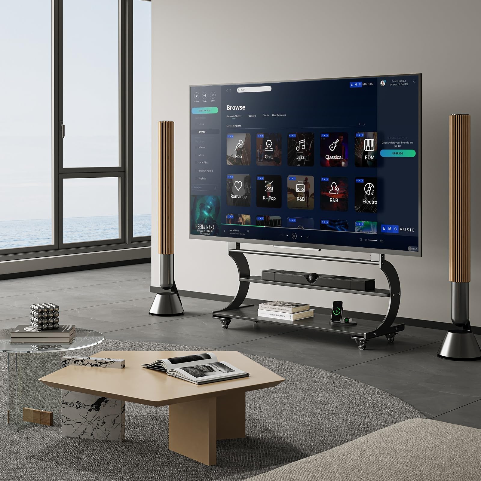 Best 100 Inch TV Stand: Top 5 Picks for 2026 2 sythdio Modern Artistic Rolling TV Stand for 50-100 Inch TVs, Heavy-Duty Base — product photo