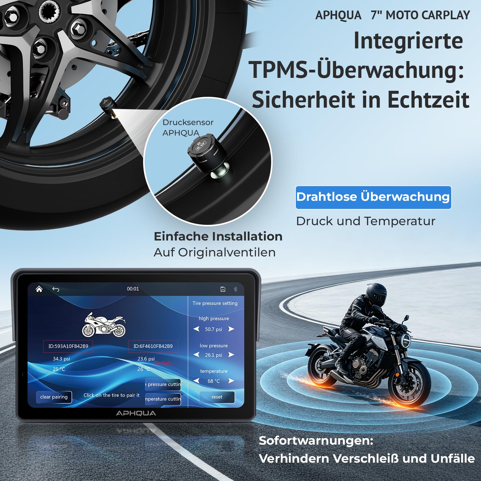 Motorrad Carplay Display 7 Zoll Wasserdichter Touchscreen, Reifendruckkontrollsystem (TPMS), Kabelloses CarPlay und Android Auto für Motorrad, Dual Bluetooth, GPS-Navigation
