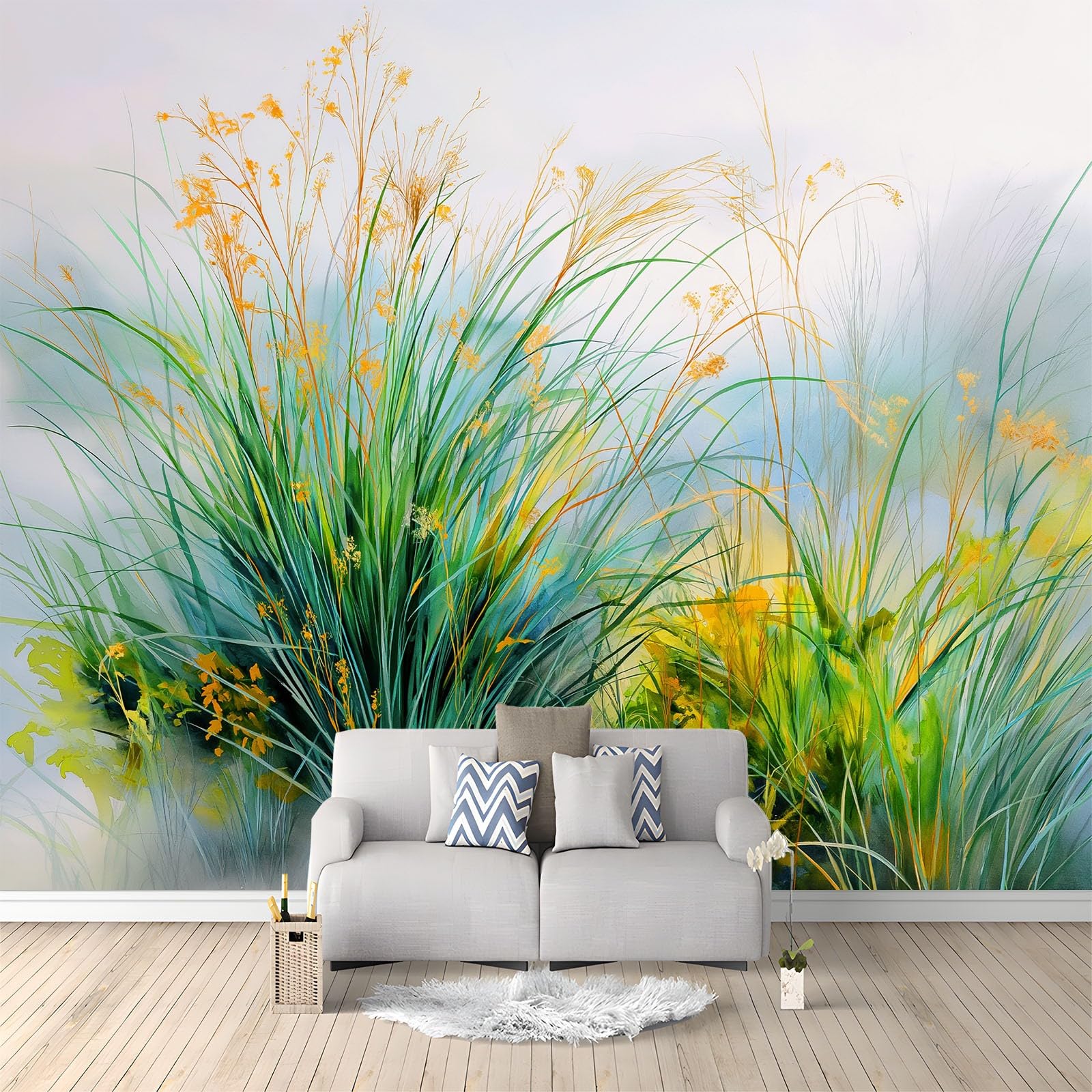 Fototapeta ścienna, natura, trawa, dzikie pola, mgła, nastrojowa, 200 x 140 cm, tapeta z włókniny premium, zielona, do sypialni, korytarza, salonu, salonu (nie samoprzylepna)