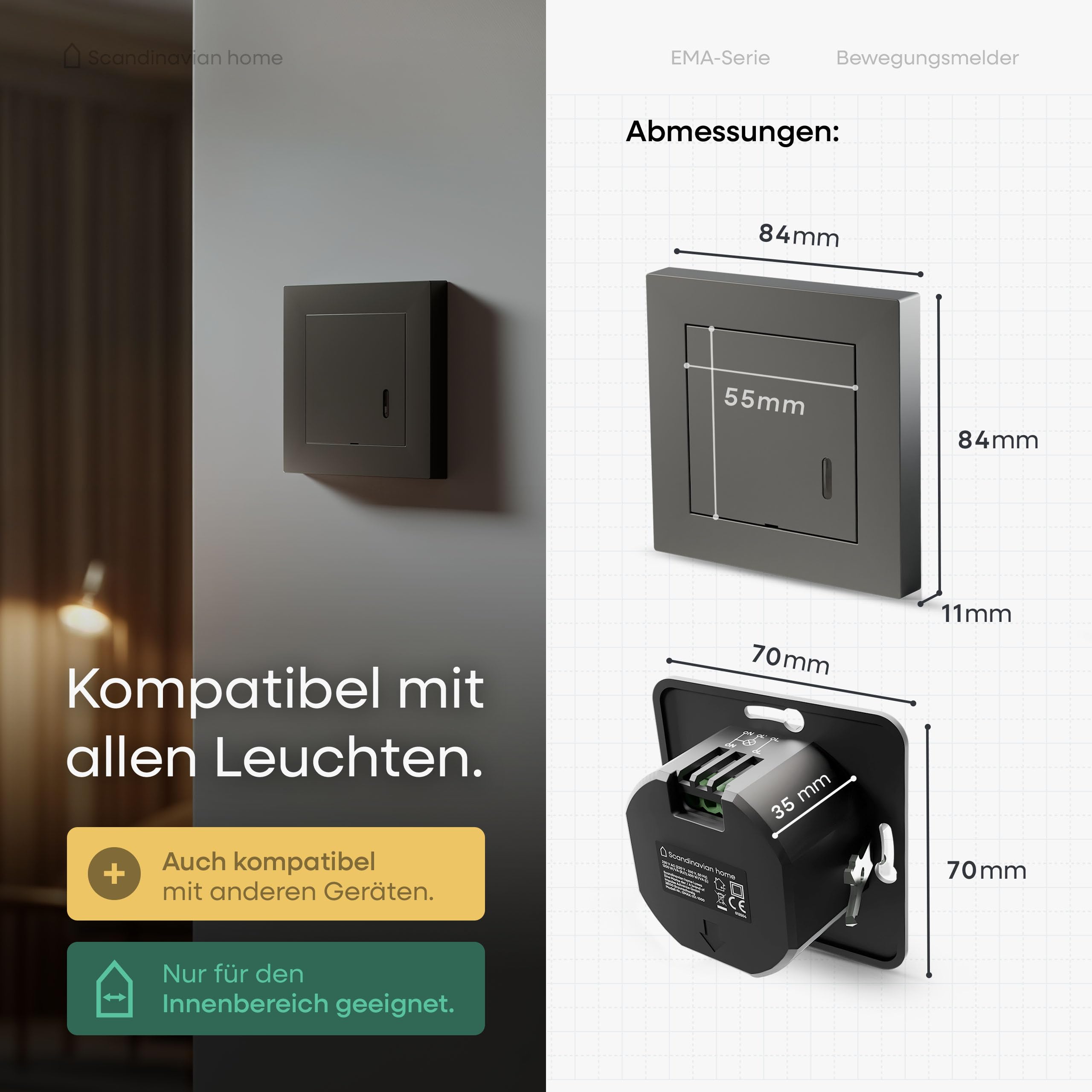 Scandinavian Home - Rilevatore di movimento per interni, con sensore di movimento, misura standard 55-180°, 15 m, con tecnologia a 3 fili/neutro per LED, montaggio a incasso, antracite opaco