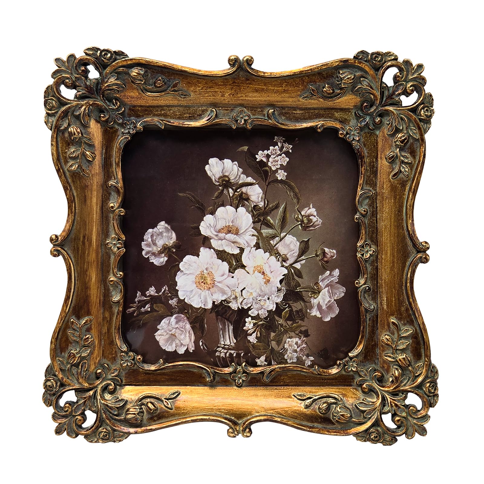 BILXIM 4x4 Small Vintage Picture Frame, Antique Bronze Gold Ornate Square Photo Frame, Wall Hanging or Tabletop Display, Decorative Floral Design