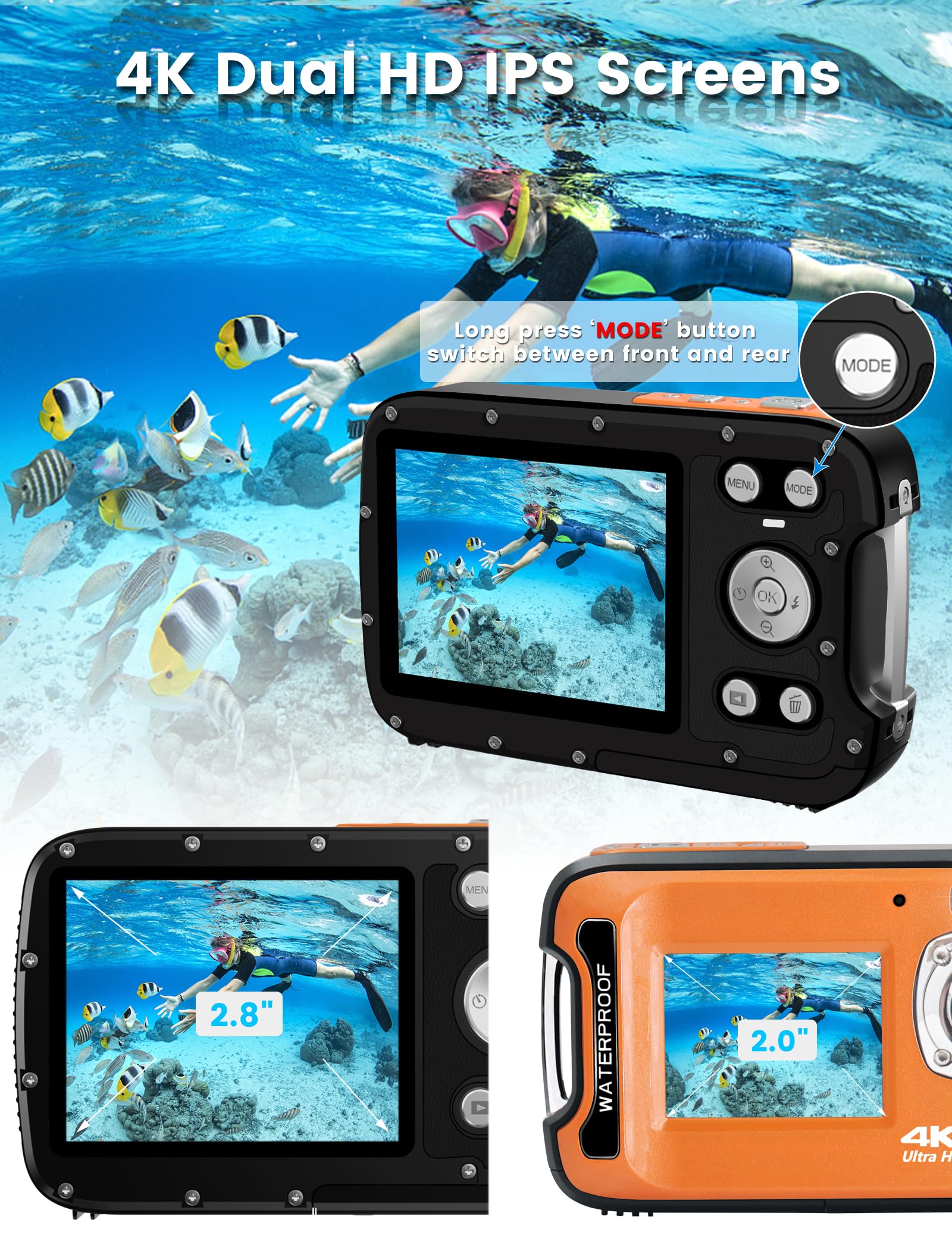 Unterwasserkamera 4K 48MP Autofokus Selfie Dual Screen Wasserdicht mit schwimmendem Gurt und 32GB Karte, 4,3 m kompakte wasserdichte Digitalkamera zum Schnorcheln