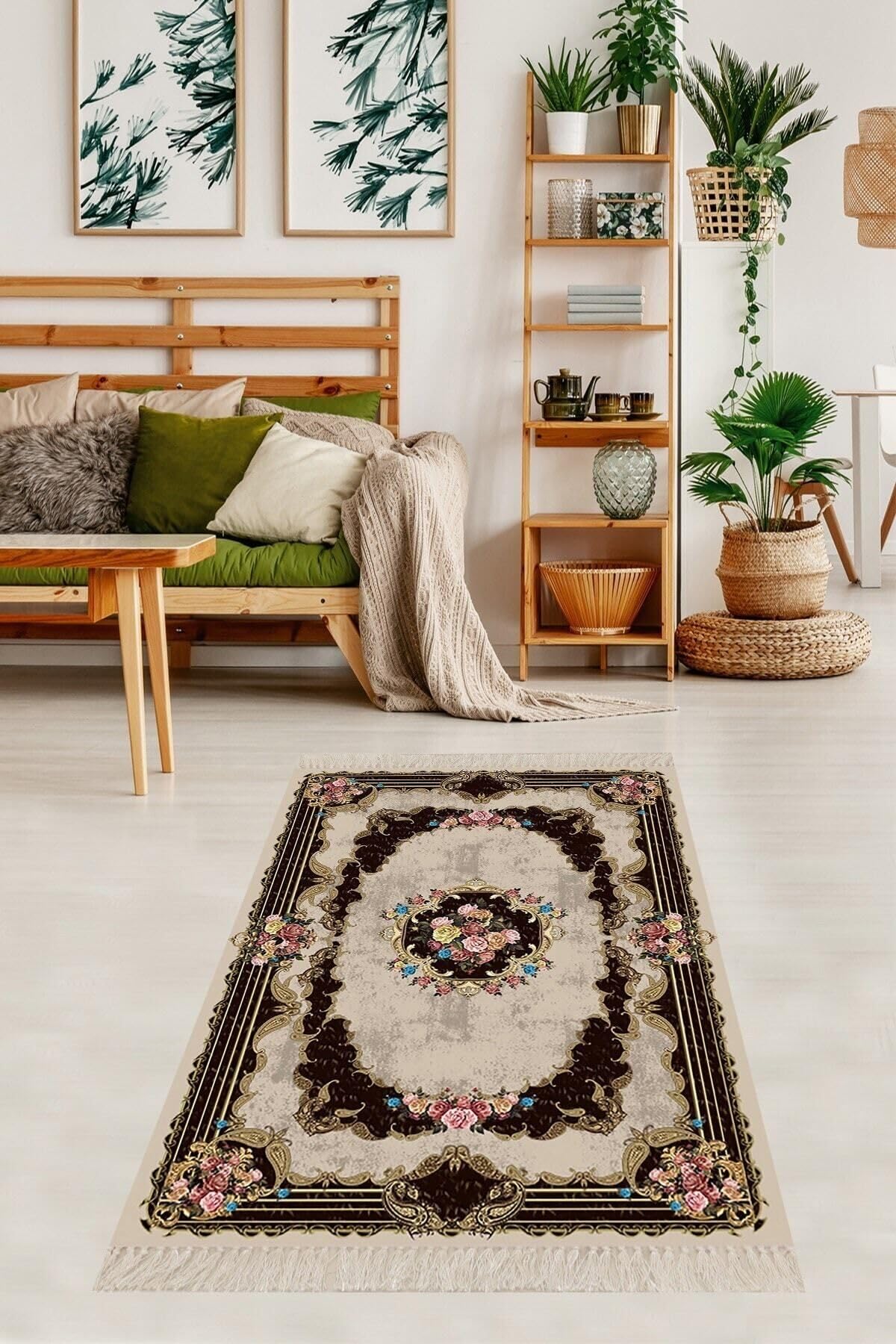 Pelangi Gül Varak Desenli Dijital Baskı Yıkanabilir Kaymaz Taban Vintage Salon Halısı Ve Yolluk, Kahverengi 120 x 180