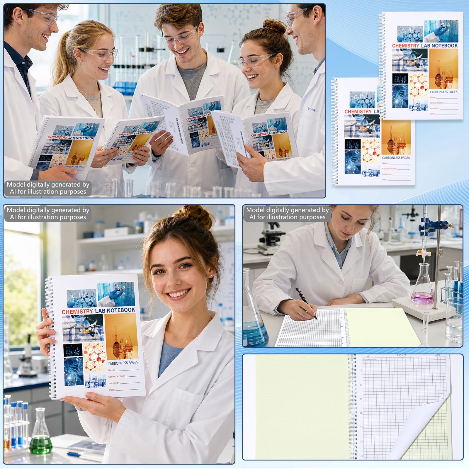 gisgfim Paquete de 2 cuadernos de laboratorio de química autocopias de carbono, cuaderno de laboratorio estudiantil, 8.5 x 11 pulgadas, 50 juegos de páginas, 100 hojas en total, páginas de cuadrícula
