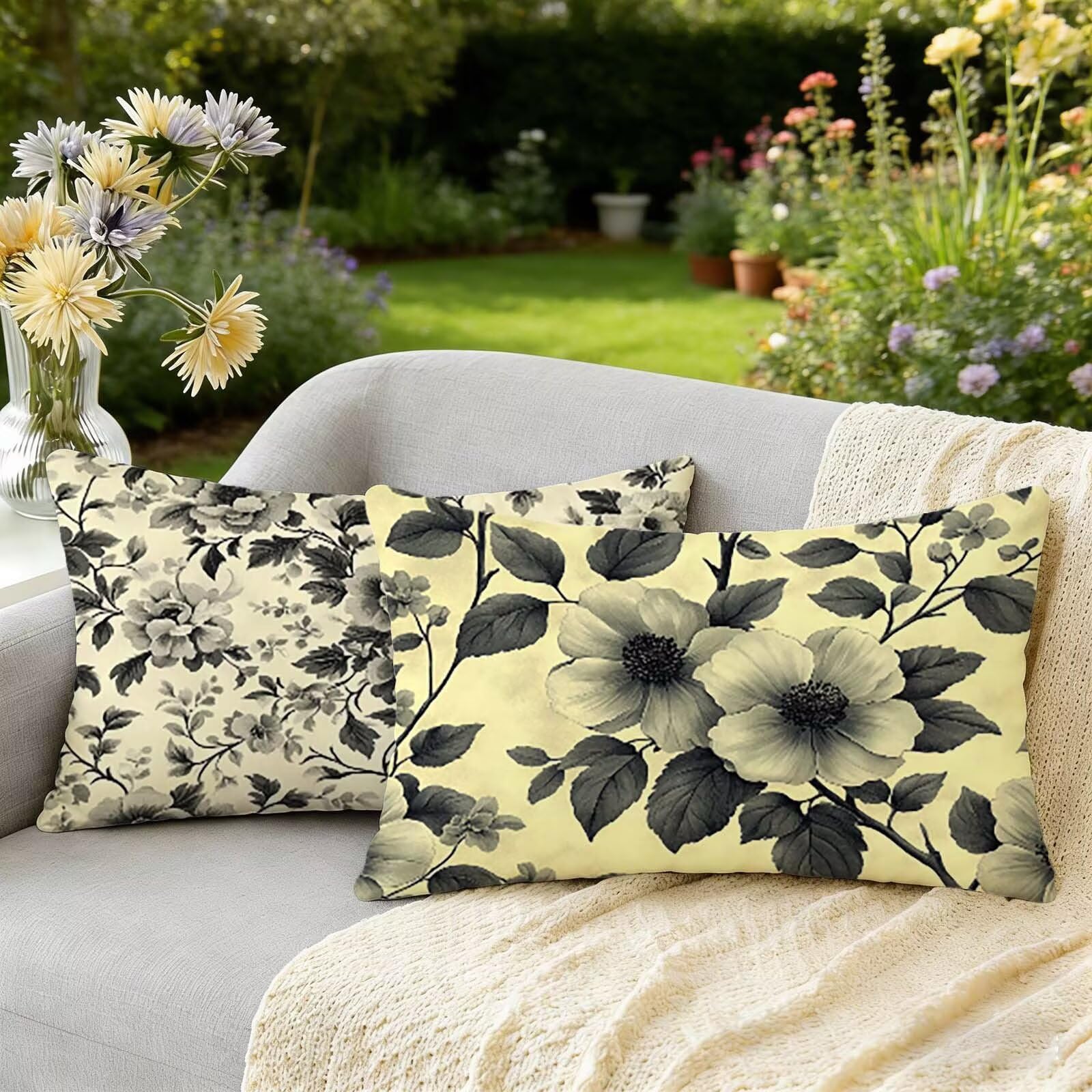 Cadeaux femmes fleur housse de coussin imperméable grise 40x60 lot de 2 pour canapé
