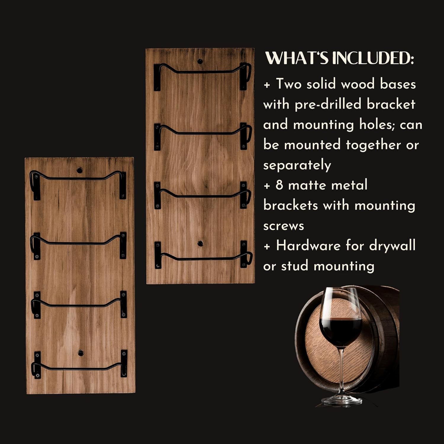 Wine Rack Wall Mounted | Wooden Wall Wine Rack with 8 Bottle Storage and Matte Black Brackets | Wine Wall Rack with Rustic Finish | Perfect for Small Spaces