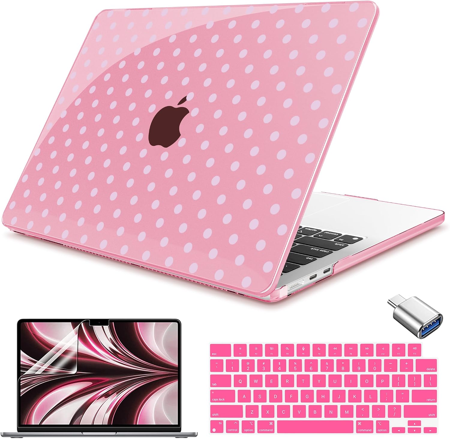 Teryeefi Compatible with MacBook Air 13 inch Case M5 2026 M4 2025 Model A3449 A3240 A3113 A2681, Hard Shell&Keyboard Cover&Screen Film&Type C for MacBook Air 13.6 inch Case - Pink Polka Dots