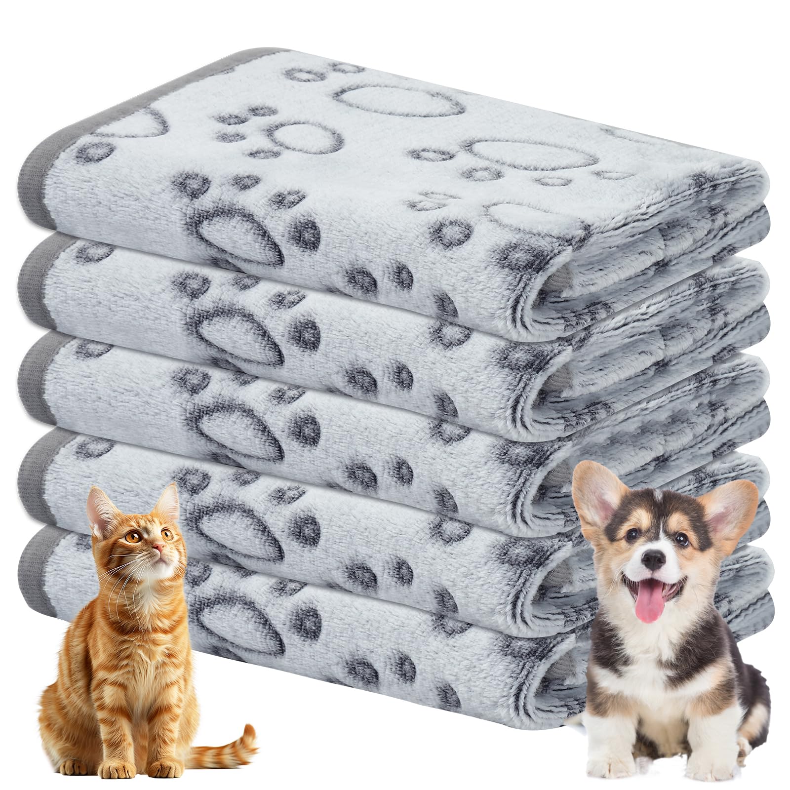 Omtofo 5 Pezzi Lavabile Coperta Per Cani, Morbida E Calda Flanella Copertina Gatto, Adatto A Cani E Gatti Di Piccola E Media Taglia, Graziosa Coperta Cane Con Impronte Di Zampe, Grigio (60×40cm)