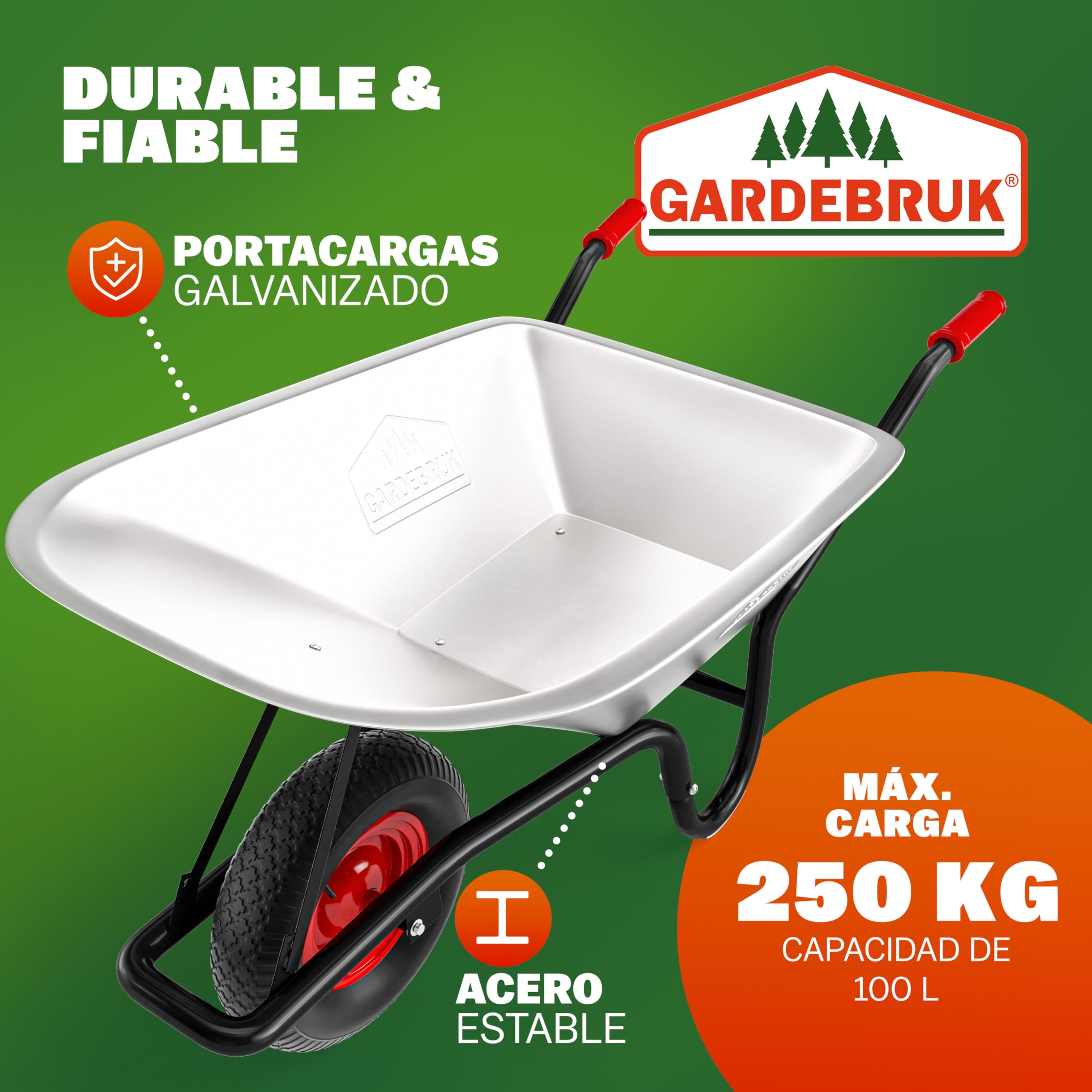 GARDEBRUK® Carretilla de Obra 100 L Capacidad Carga 250 Kg Acero galvanizado Rueda 40 cm Resistente Llanta Acero Herramienta Jardinería Construcción