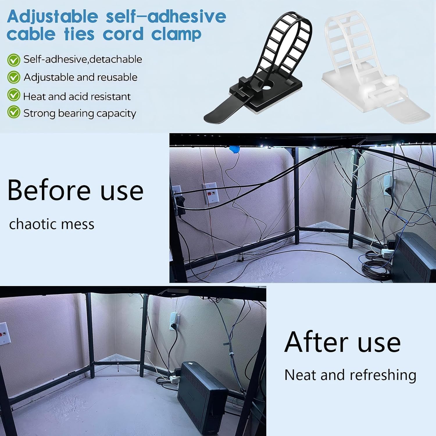 Adjustable Adhesive Cable Management Clips 50Pcs, Large self Adhesive Cable Ties Clips ，Suitable for Cable Management Under desks and on Walls(Black)