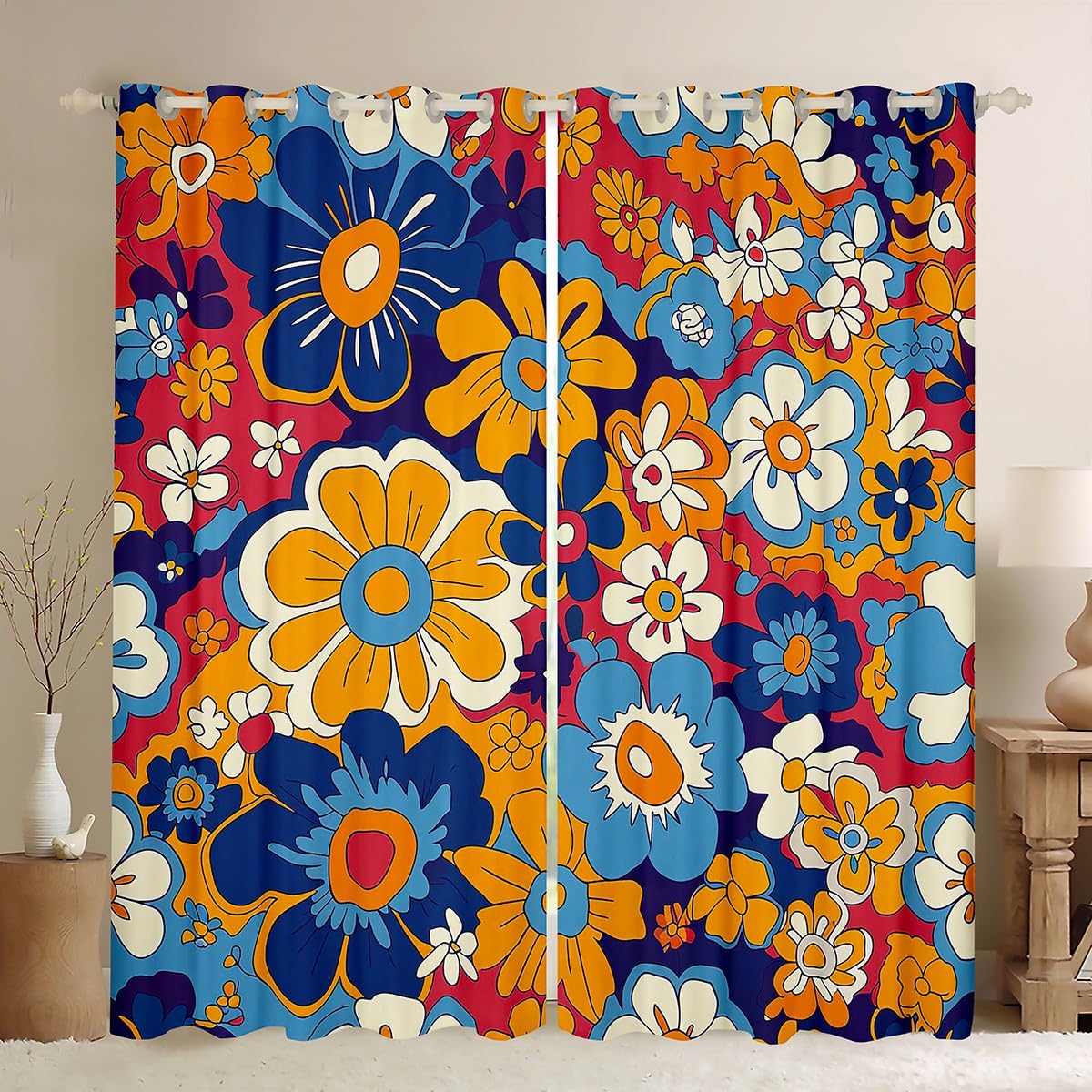 Castle Fairy Retro Flowers Window Curtains,Colorful Psychedelic Curtain,Boho Hippie Window Drapes for Kids Teens Boys Young Man,Modern Bedroom Decorative,Botanical Blossom Curtain,38Wx54L