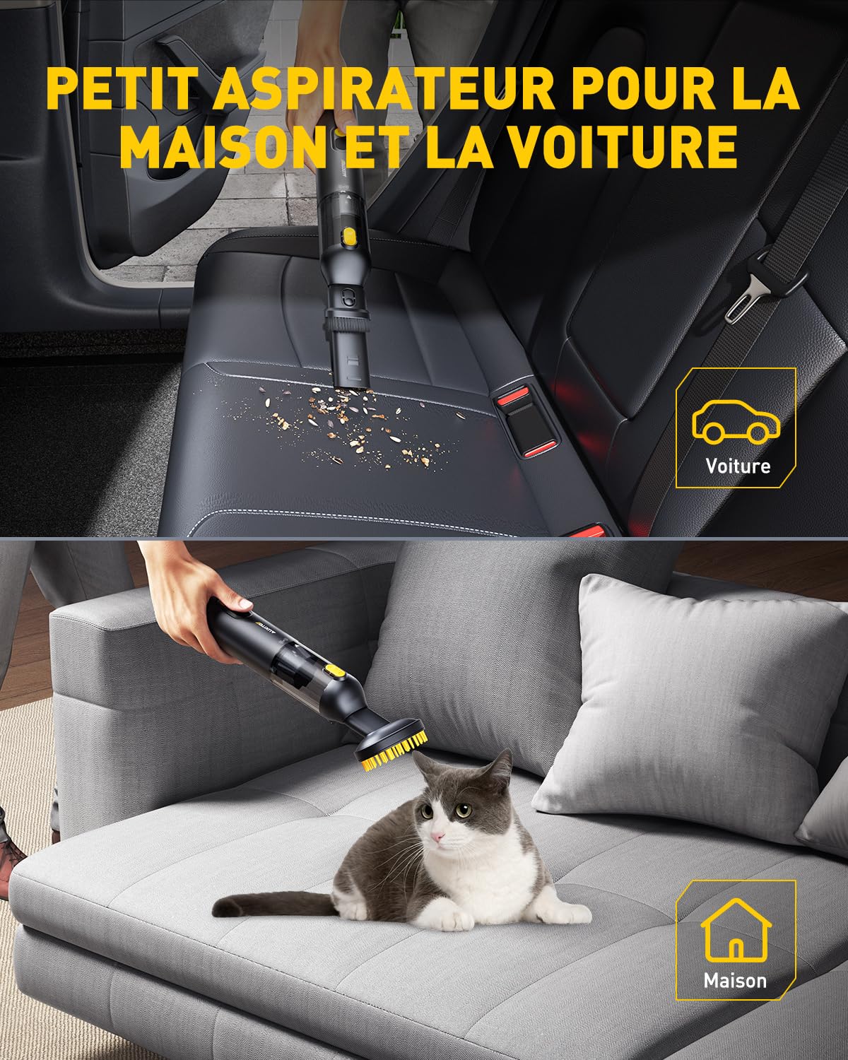 AUXITO Aspirateur à Main sans Fil,Aspirateur Voiture Puissant 24000pa,30 Minutes d'autonomie,4 en 1 Aspirateur De Voiture avec Brosse pour Animaux,Mini Aspirateur pour Voiture,Maison,Bureau(Sombre)