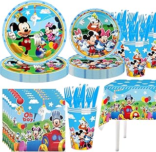 141Pcs Mickey birthday Party Supplies include 7''plates,9'' plates,Tablecloth,Forks,Kinfes,Spons,napkins,cups for the Mickey party decoration