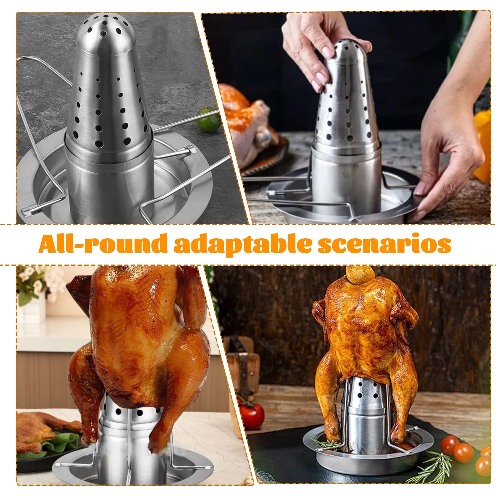 Rôtissoire à Poulet Barbecue en Acier Inoxydable, Support à Poulet pour Canette de Bière, Grille Poulet Vertical, Support à Volaille en Fonte Démontable, Récipient Aromatique Amovible, Bac d'Égouttag
