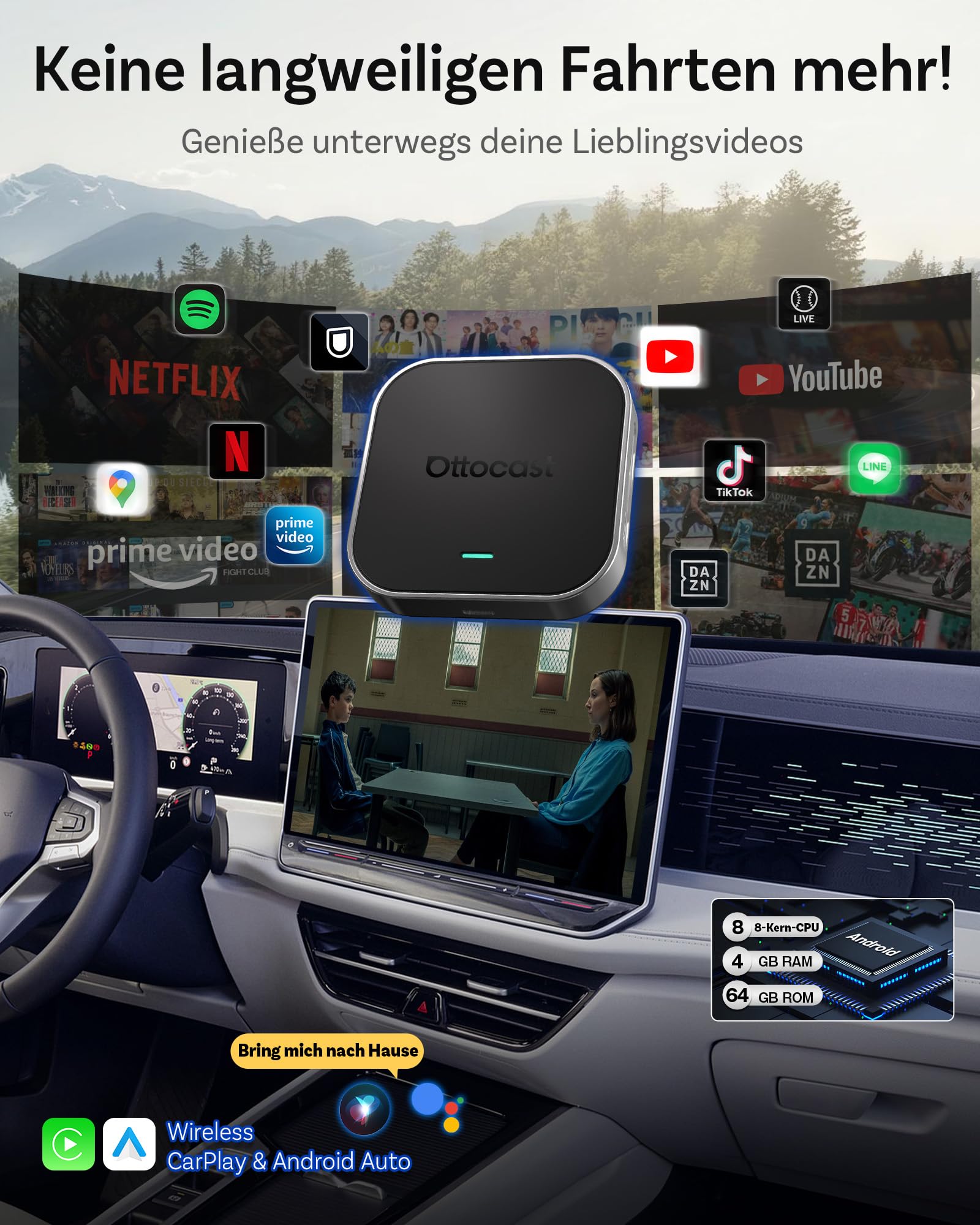 OTTOCAST OttoAibox E2 2026 Android 13 Car AI Box – Wireless CarPlay & Android Auto Adapter, 3-in-1 Smart System, CloudSIM 3.0, Dual WiFi, Split Screen, Plug & Play Car Multimedia Upgrade